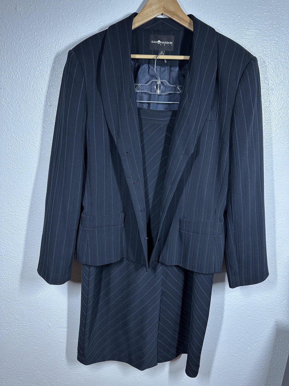 Sag Harbor Skirt Suit Set Womens 18 Charcoal Pinstripe Blazer Pencil Career