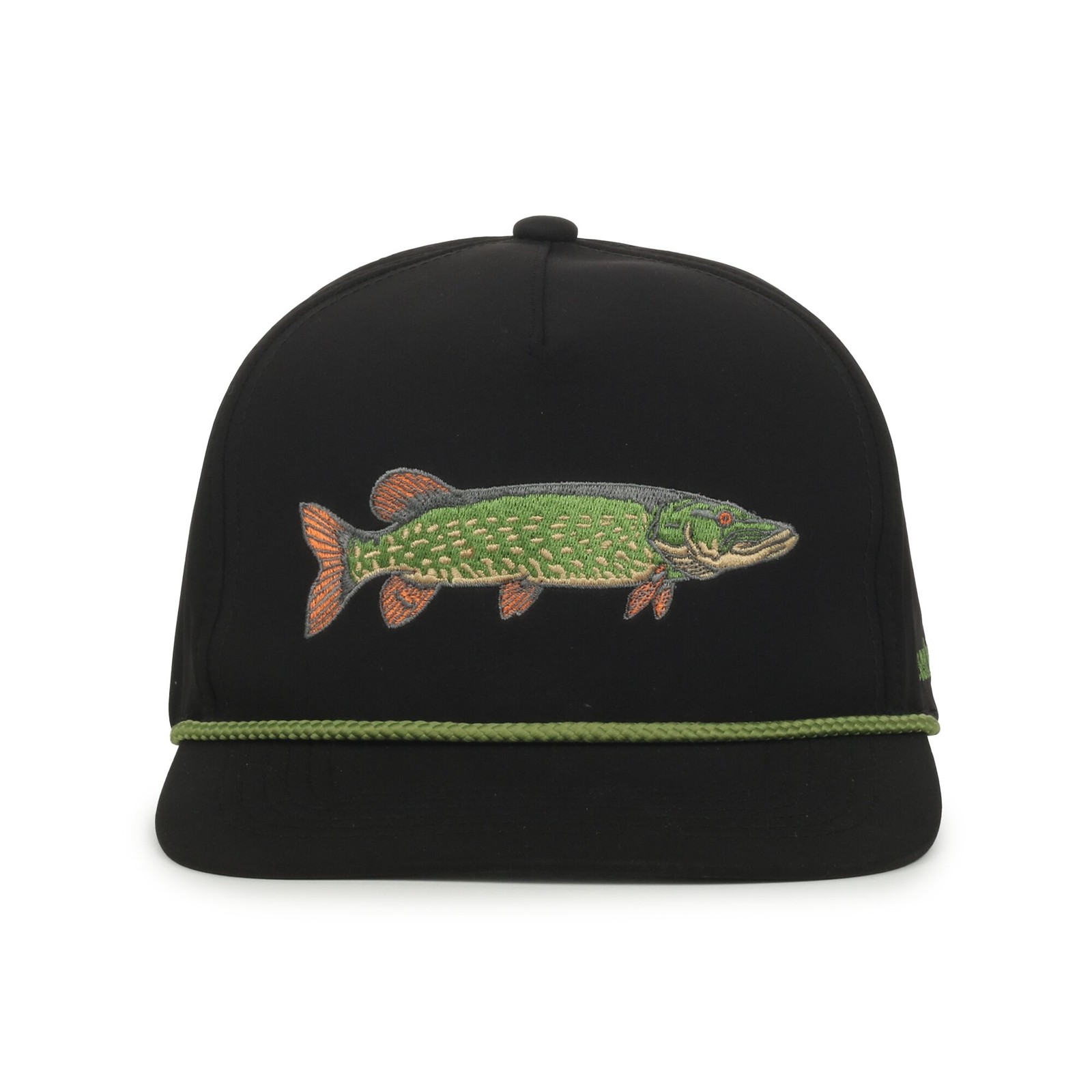 Outdoor Cap Northern Pike Fishing Cap Black 5-Panel Hat, Green Rope Detail
