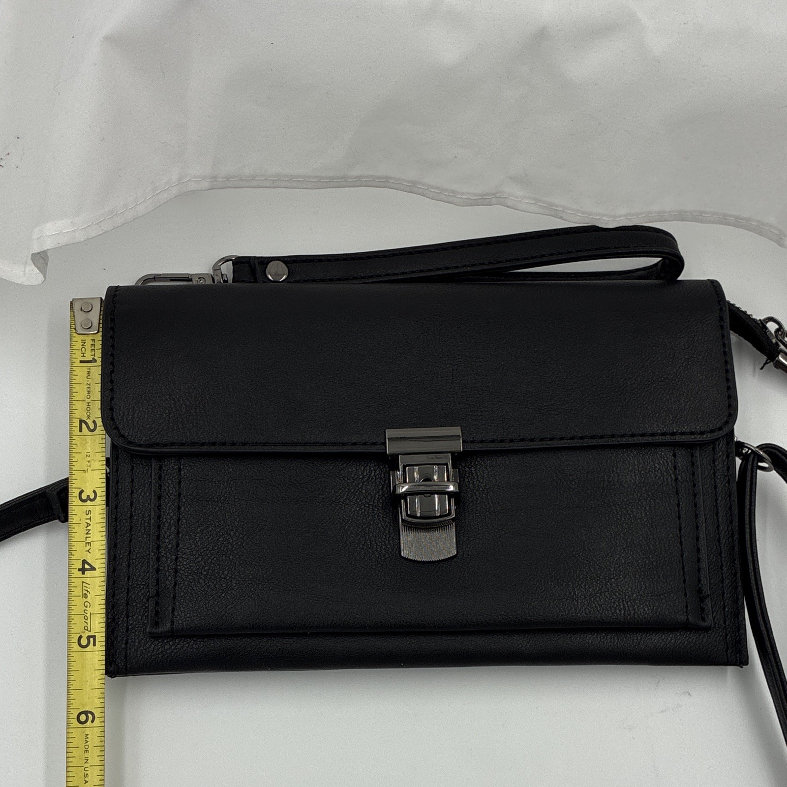 Women’s Black Small Crossbody Bag, Silver Hardware, Push Lock, Zip