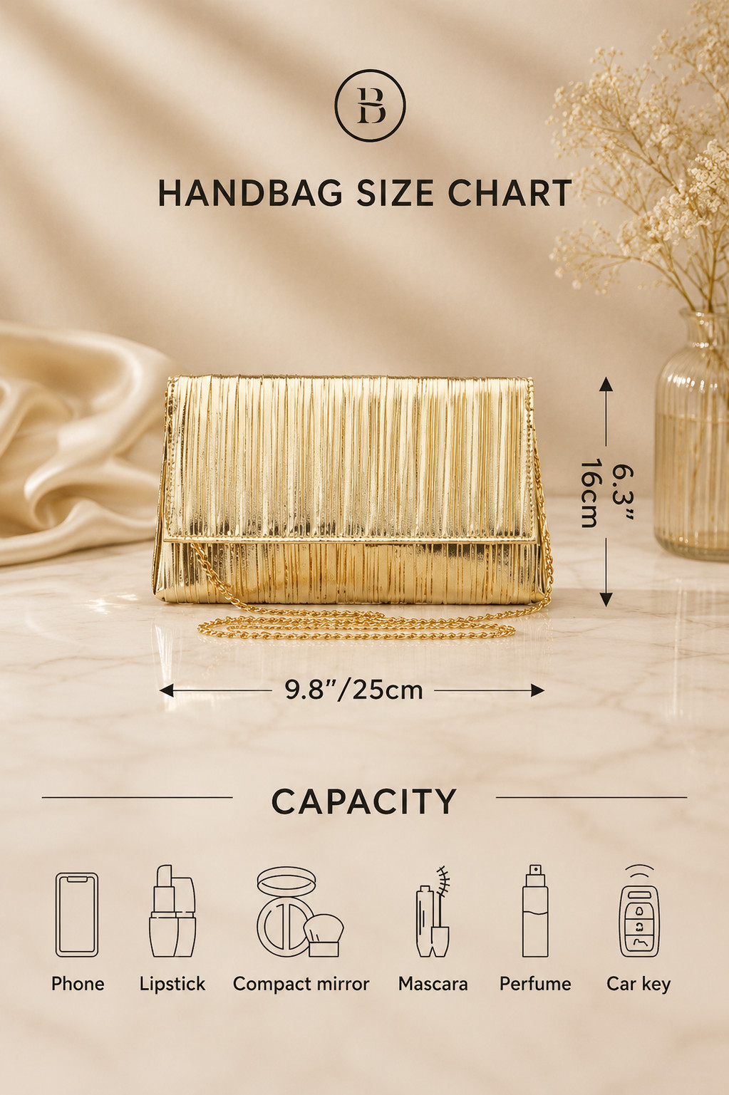 Gold Pleated Clutch, Evening Bag for Wedding Party, Formal Handbag
