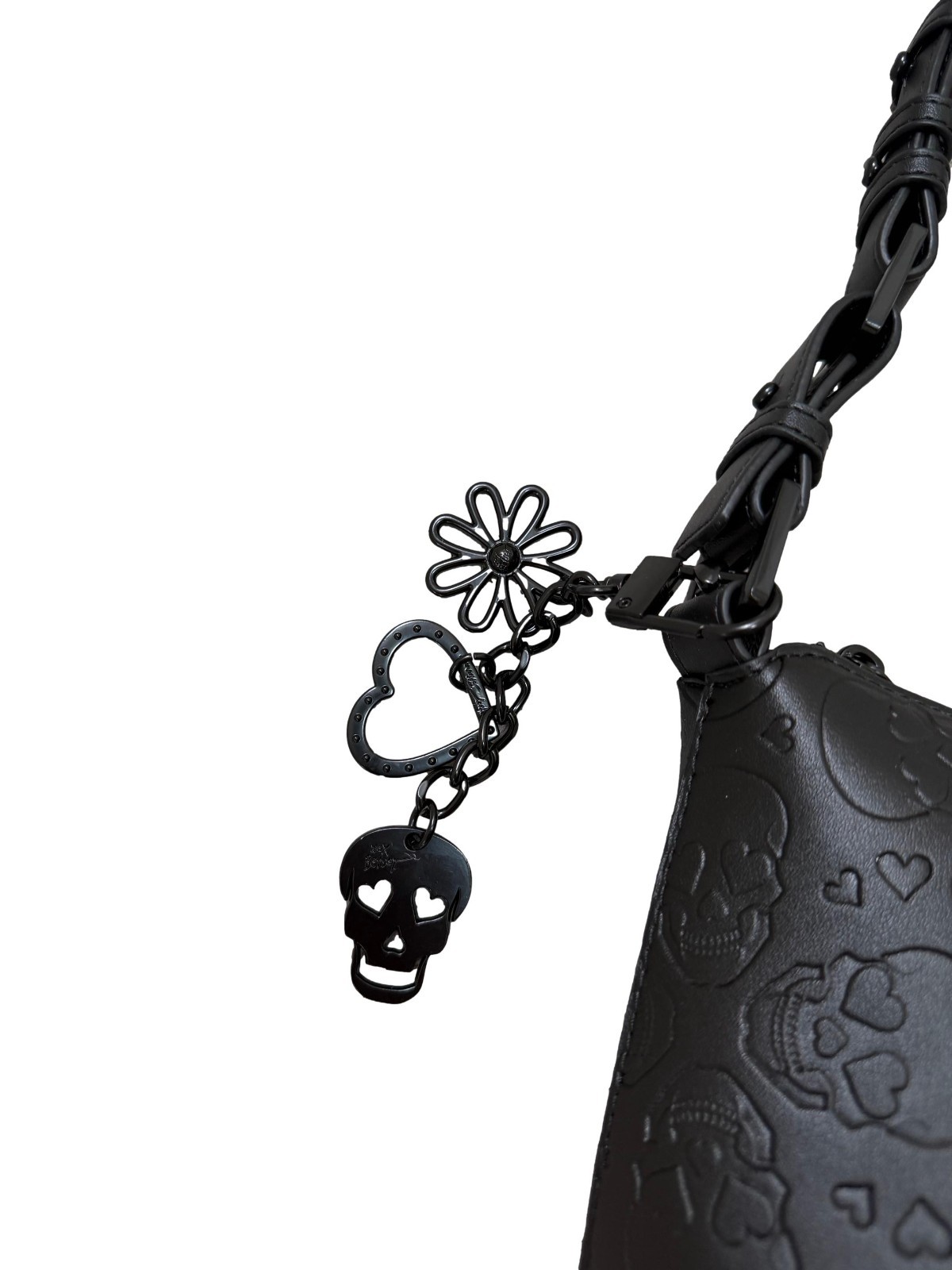 Betsey Johnson XO Marine Allover Skull Embossed Black Faux Leather Shoulder Bag