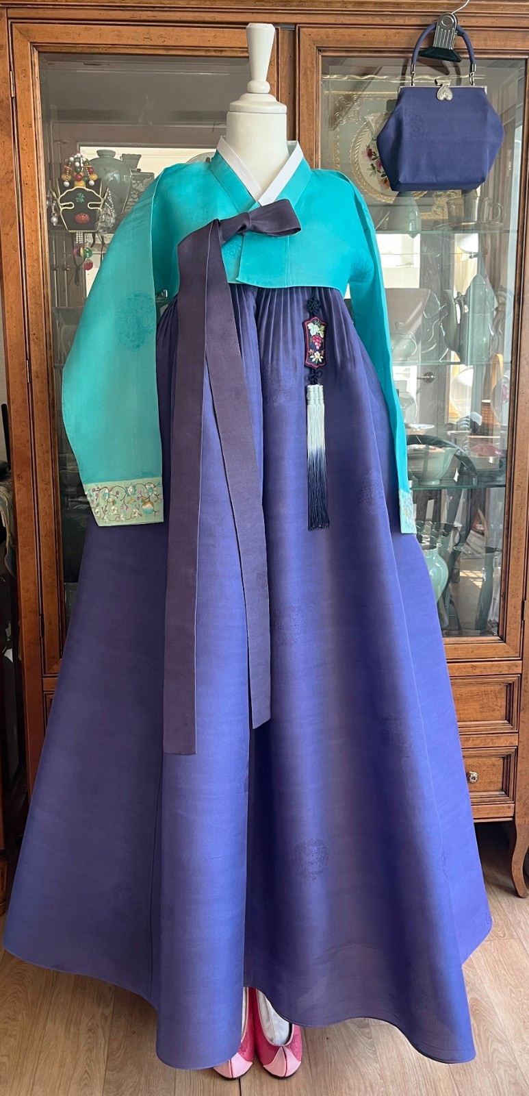 Premium Silk Traditional Korean Hanbok Dress–Mint & Purple / Petticoat /Hand bag