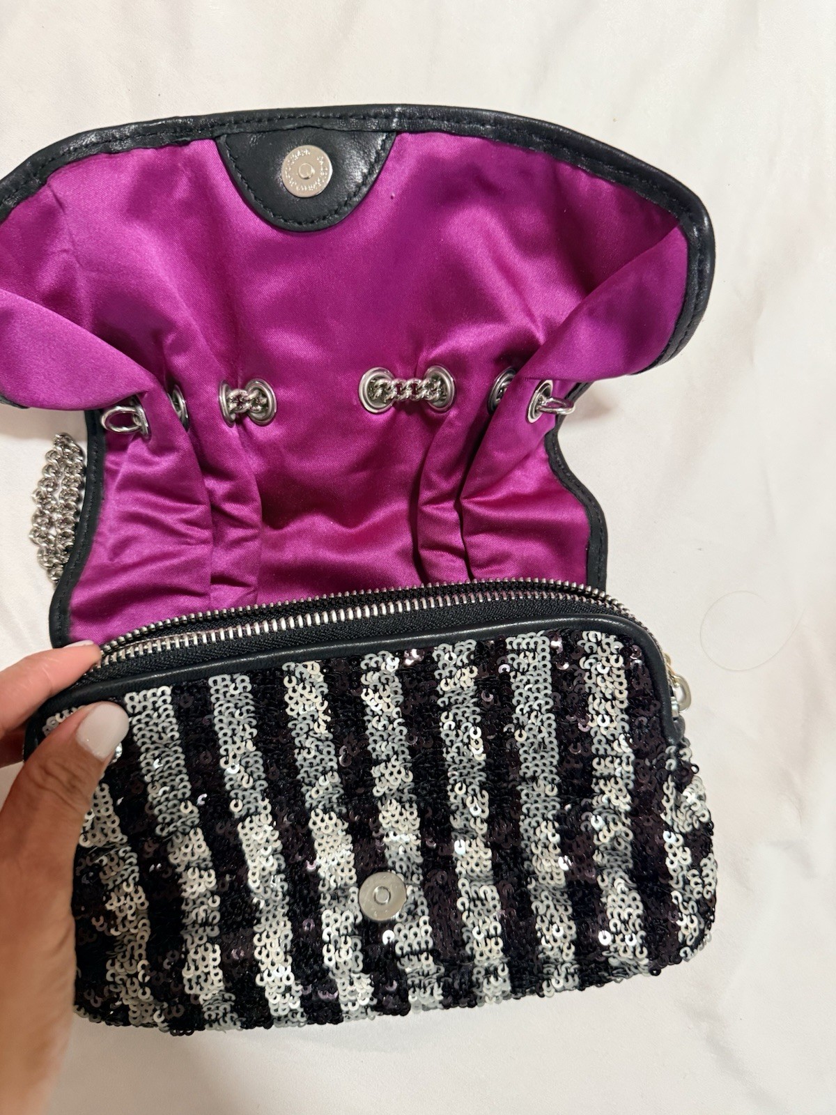 Henri Bendel Black & Silver Sequin Striped Clutch Chain Strap Purple Lining