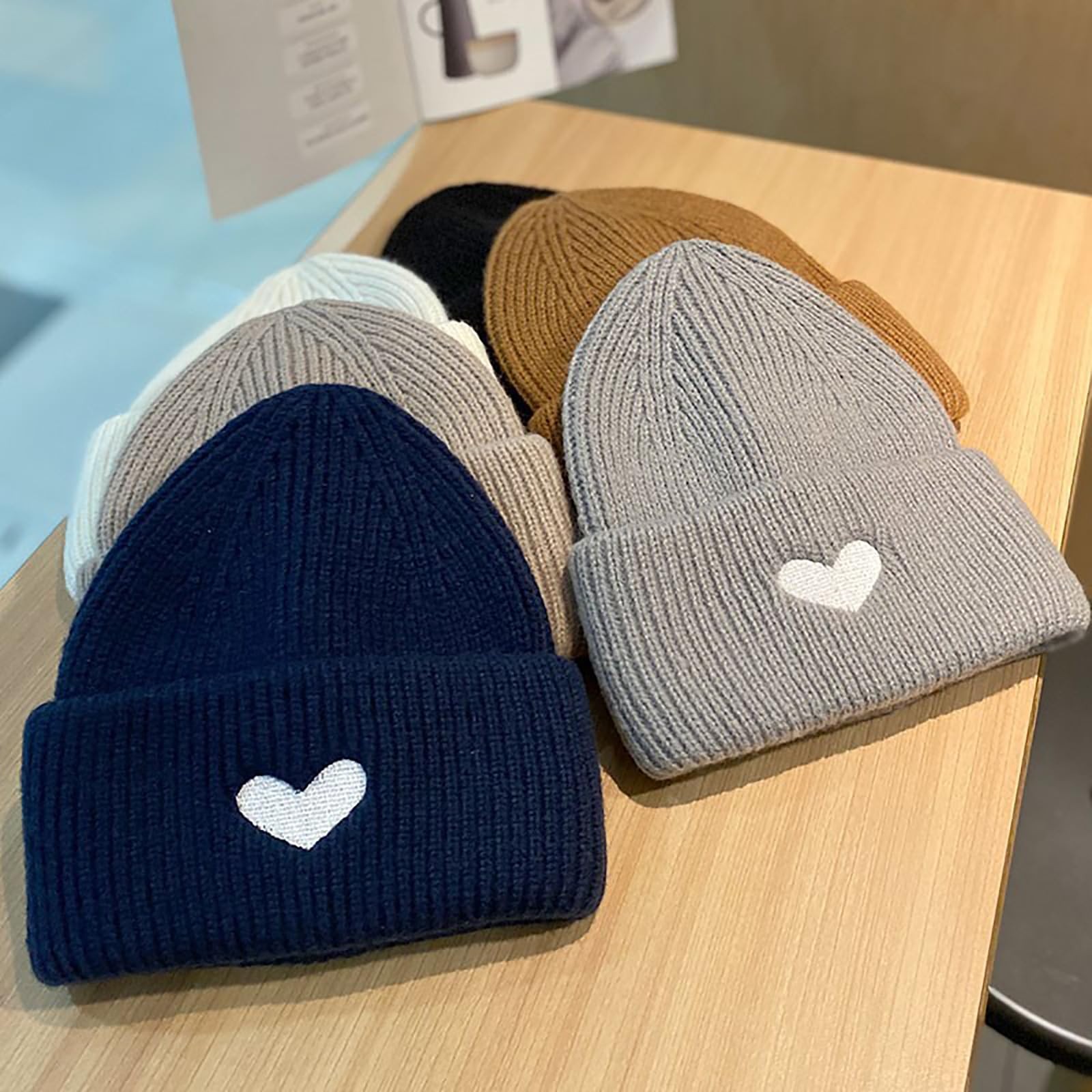 CORIRESHA Women’s Cute Heart Embroidery Beanie Soft Knitted One Size, Beige