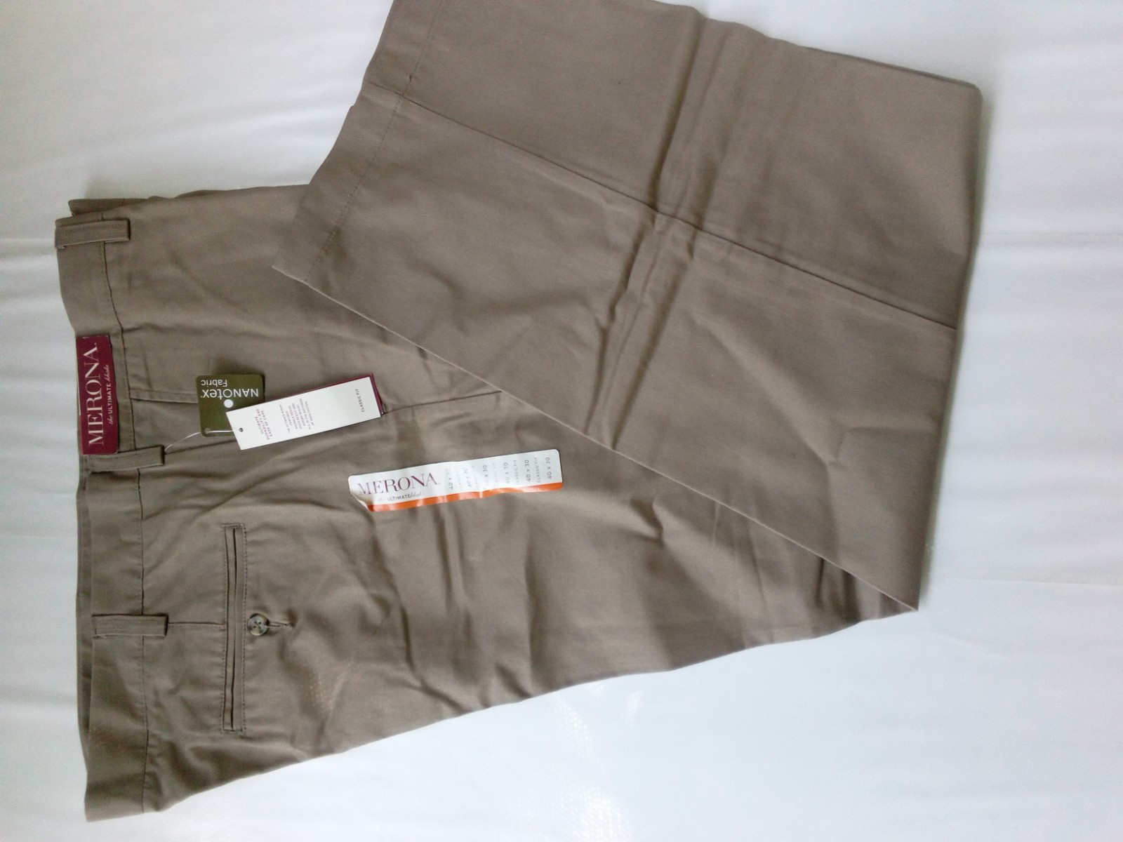 These are Merona Ultimate flat front khaki pants featuring Nanotex fabric 40X30