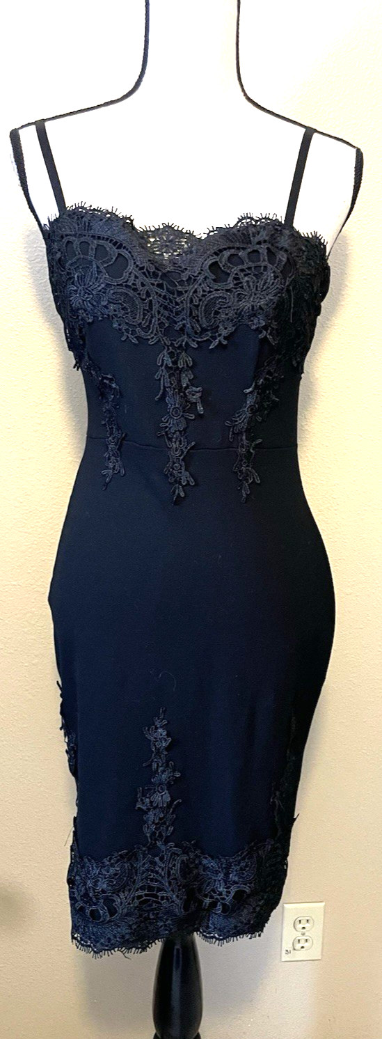 Haute Monde Black Bodycon Dress, Lace Accents, Adjustable Straps, Size L