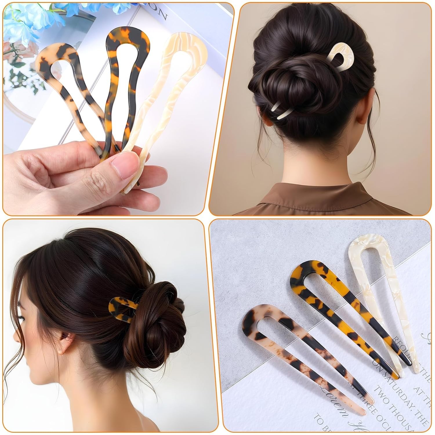 French Hair Pins Tortoise Shell Acetate U-Shaped Bun Sticks Thick Long Hair