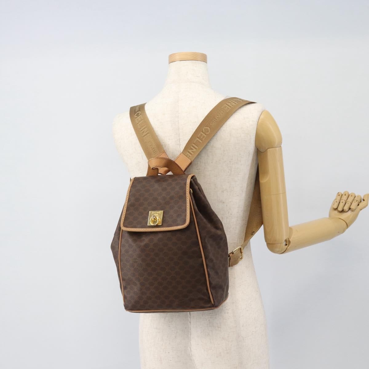 CELINE Macadam Canvas Backpack PVC Leather Brown Gold Auth 182528A