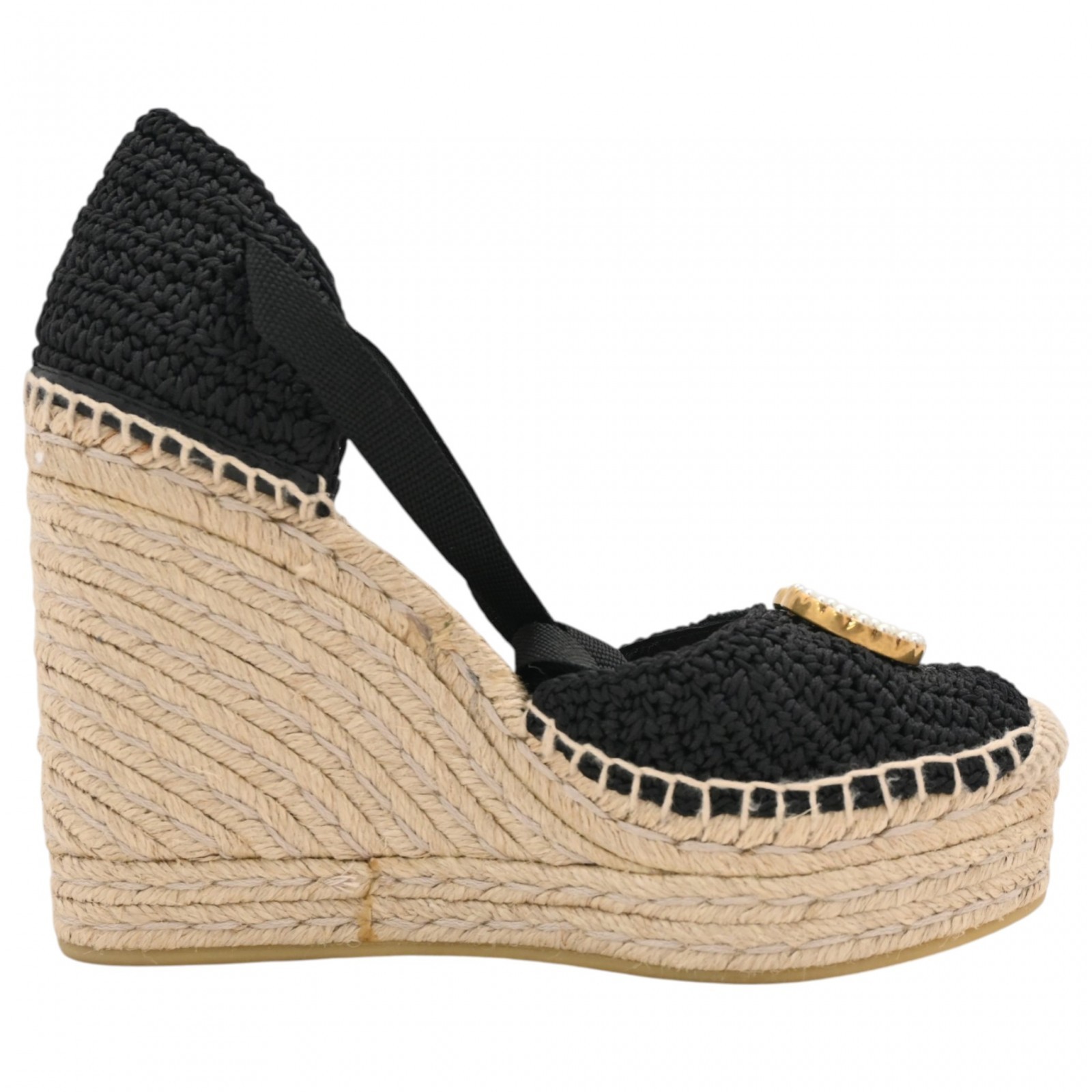 Auth GUCCI GG Marmont Espadrille Wedge Sole Sandals Black × Beige gu8934ns