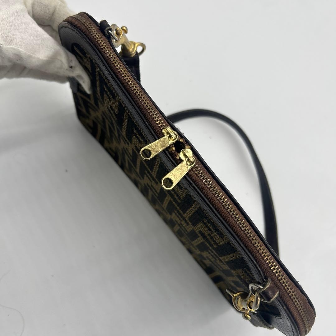 FENDI Zucca FF Shoulder Bag Ziplock Leather Canvas Brown Beige Gold #2702