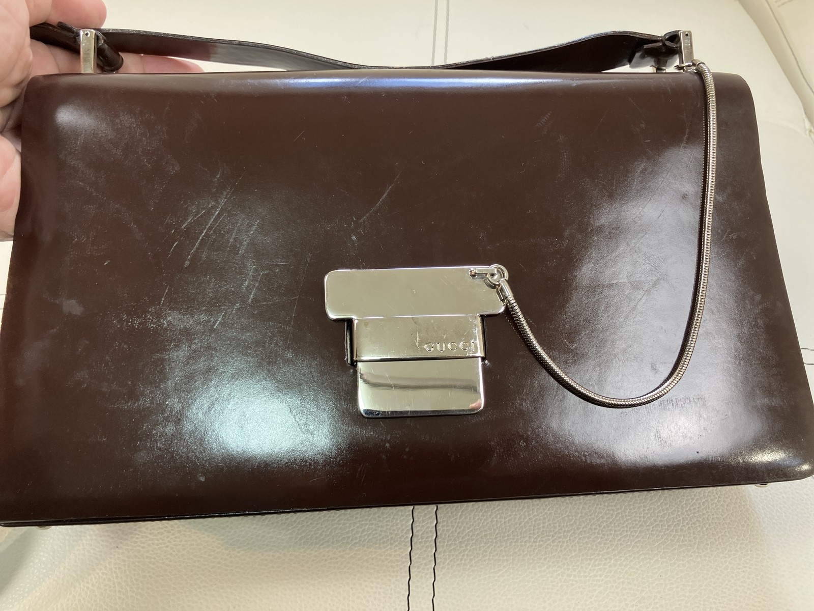 GUCCI Vintage Brown Patent Leather Shoulder Bag 001.3444.1746 Italy