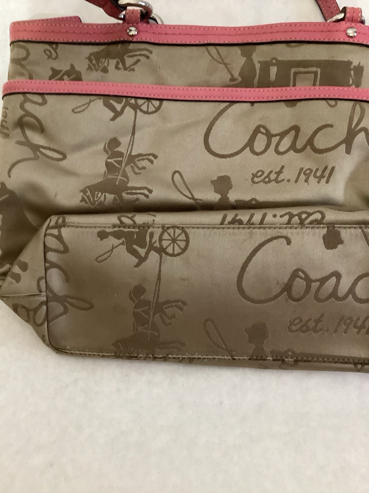 Coach Horse & Carriage Script Sateen Tote Bag Champagne/Pink Trim F14482 As-Is