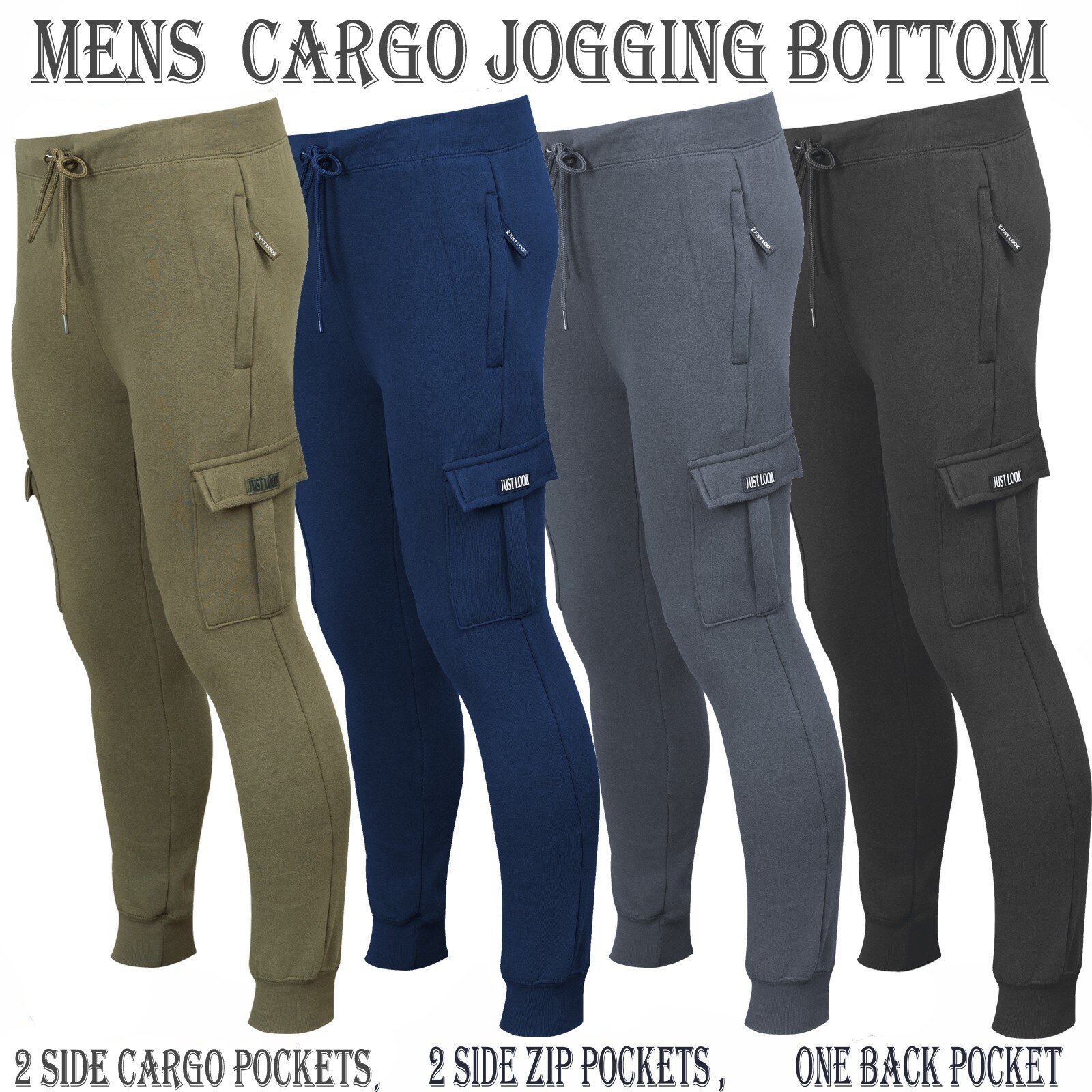 Mens Cargo Joggers Fleece Bottom Elasticated Gym Trouser Sweatpants ZIP Pockets