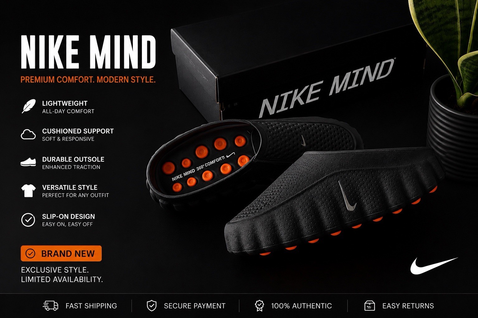 Nike Mind Men’s Slip-On Sandals Black/Orange Logo Lightweight Cushioned