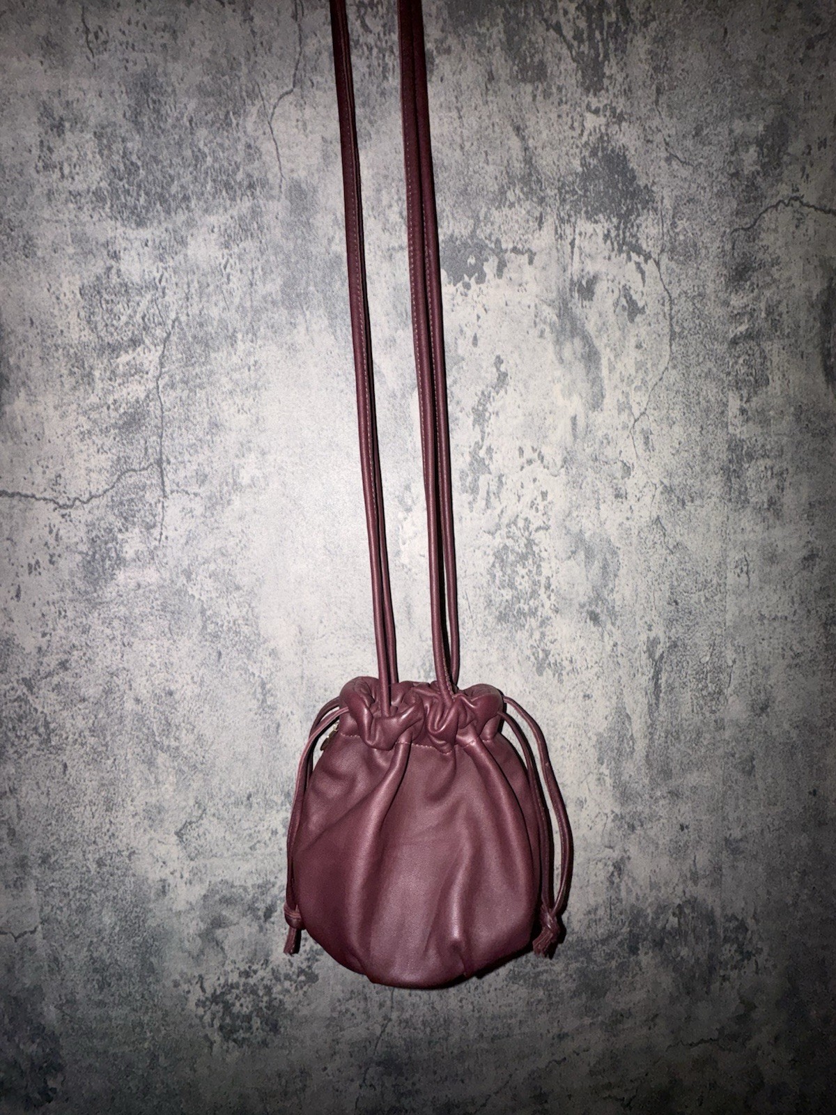 Clare v. Emma Drawstring Bucket Bag Plum Leather Mini Crossbody