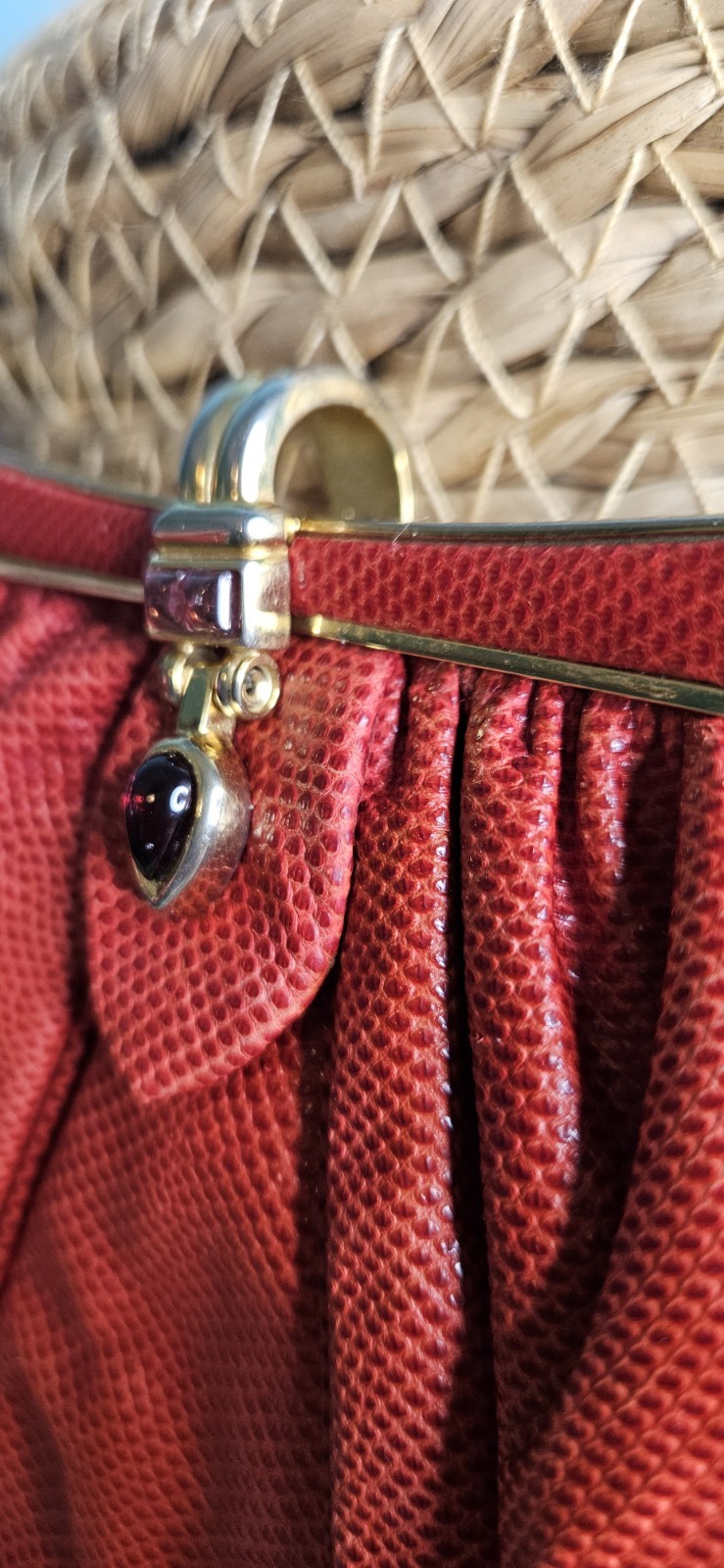 Judith Leiber Red Textured Pleated Clutch Gem Accent Clasp Gold Strap
