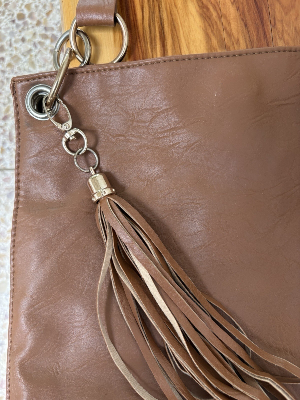 Imoshion Brown Fringe Studded Shoulder Bag Floral Lined, Zip/Snap, Pockets