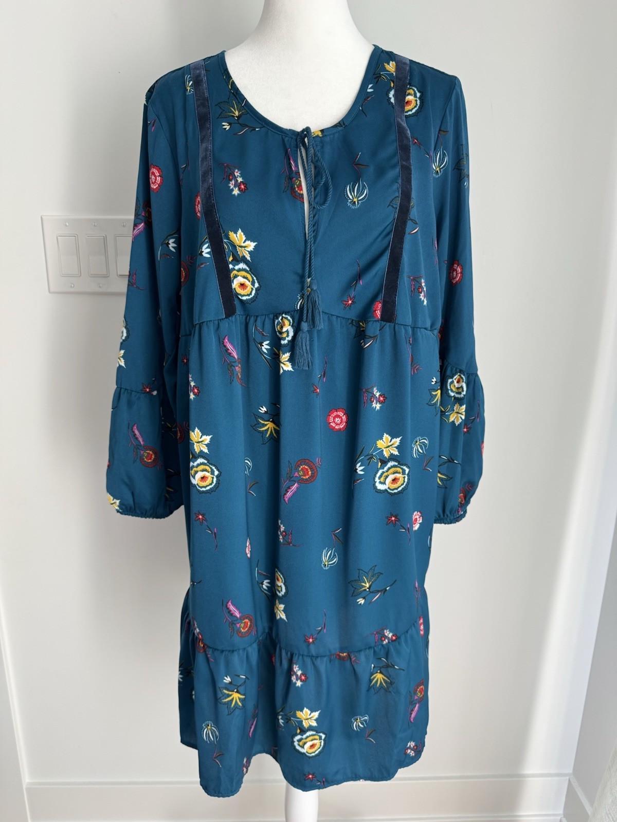 Old Navy Women’s Blue Floral Long Sleeve Pleated Ruffle Hem A Line Dress NEW