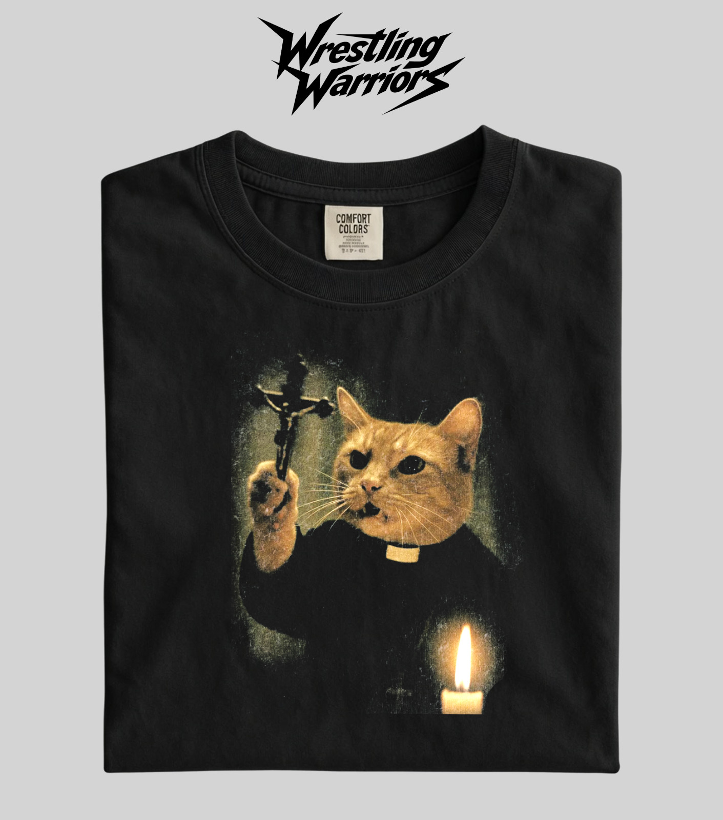 Wrestling Warriors Comfort Color Priest Cat Holding Cross Meme Graphic T-Shirt