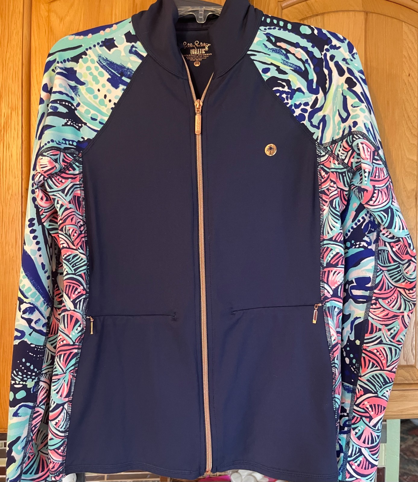 Lilly Pulitzer Navy Blue Teal Green Pink Rose Gold Zipper Luxletic Jacket Medium