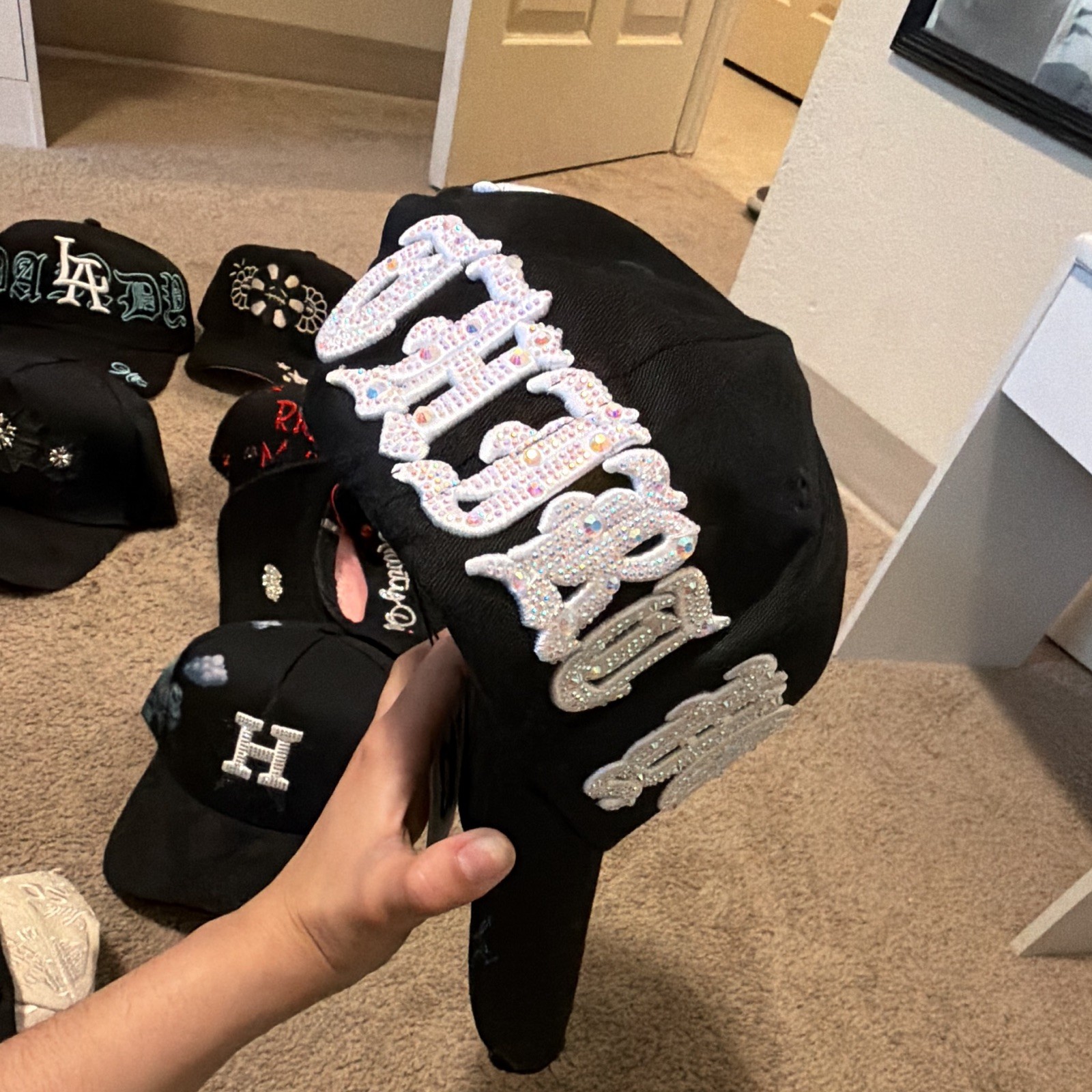 Black Rhinestone Logo Graphic Print Adjustable Baseball Cap Unisex One Size