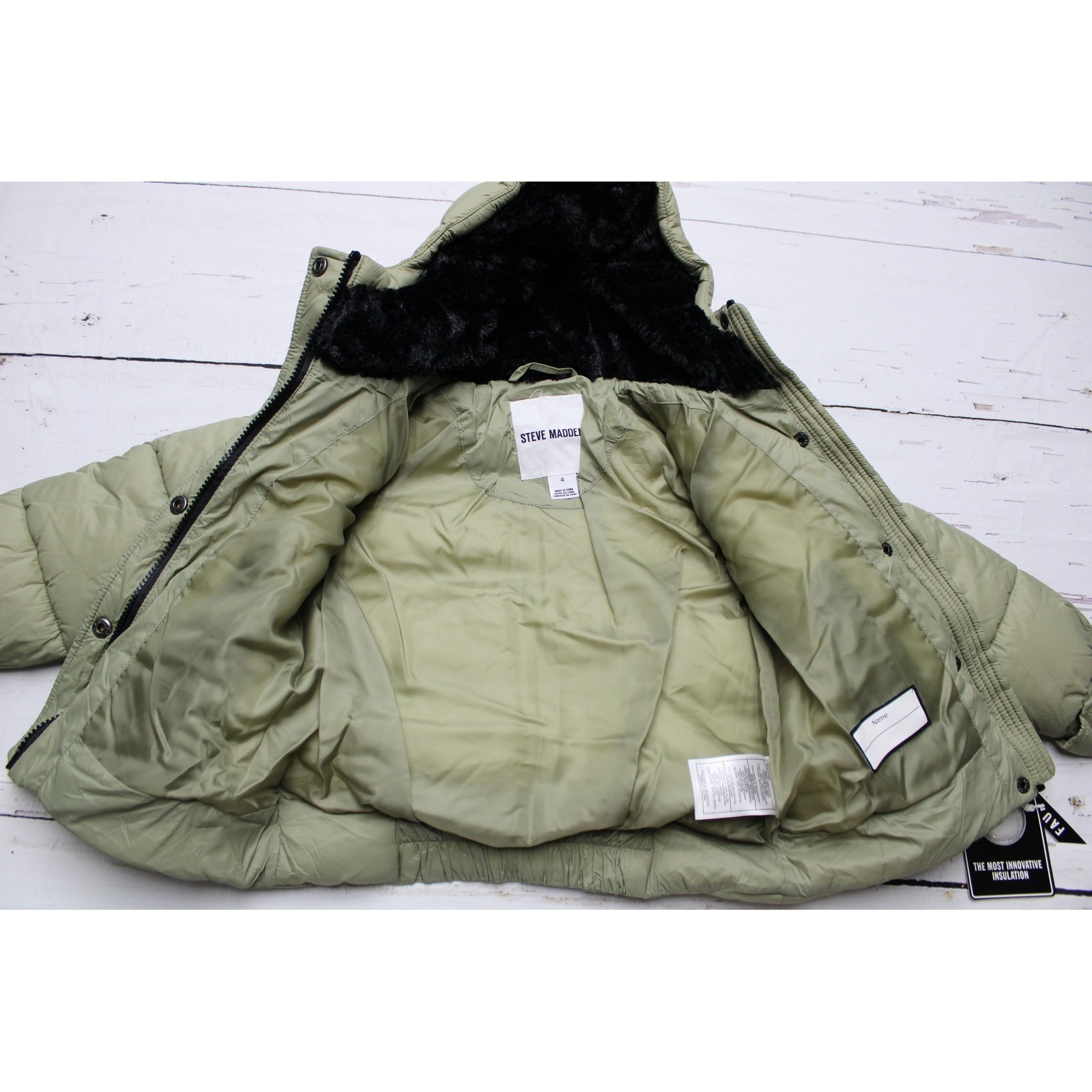 Steve Madden Kids Sage Green Hooded Puffer Jacket Faux Fur Trim Size 4 NEW