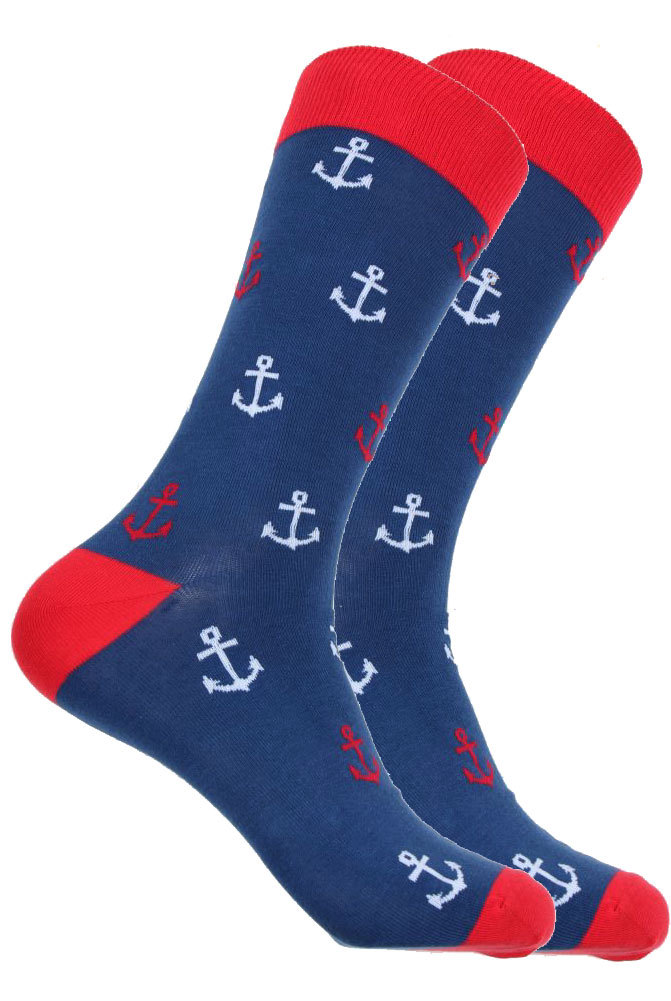 Men’s Blue Red Novelty Anchor Socks Fun Party Occasion Size 10-13 Mid Calf