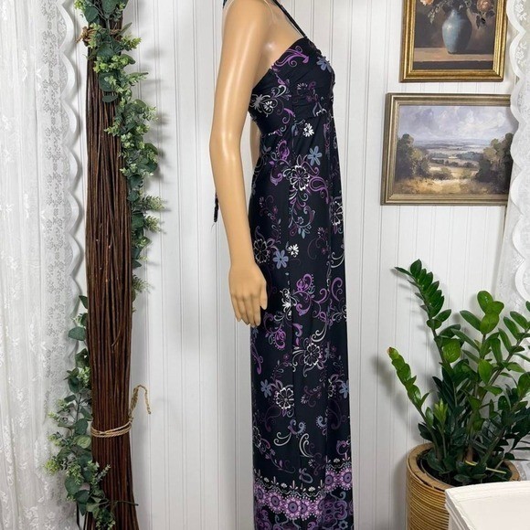 Y2K Hypnotized Black Purple Floral Halter Maxi Dress Size S