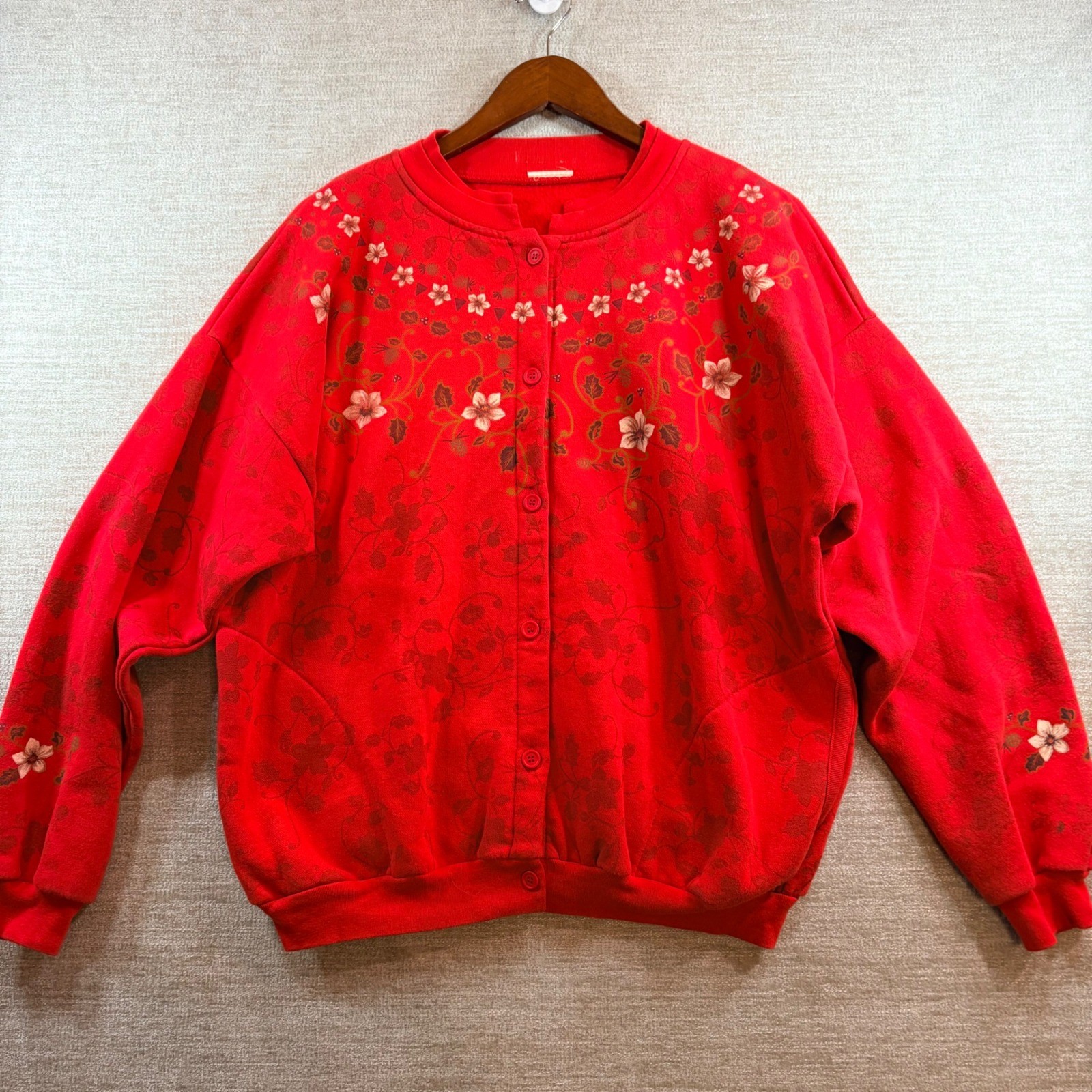 Vintage Granniecore Red Floral Print Button Front Fleece Cardigan Sweatshirt LG