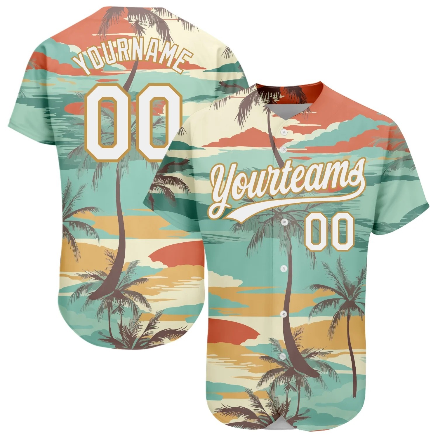 Custom Aqua White-Old Gold 3D Pattern Design Cartoon Hawaii Palm Trees Baseball