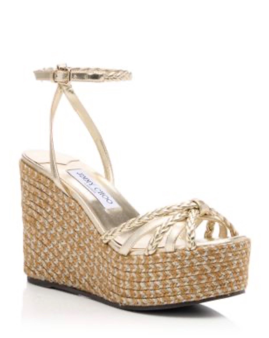 Jimmy Choo Dree 100MM Espadrilles Women US7 EU37 Metallic Soft Gold Wedge Sandal