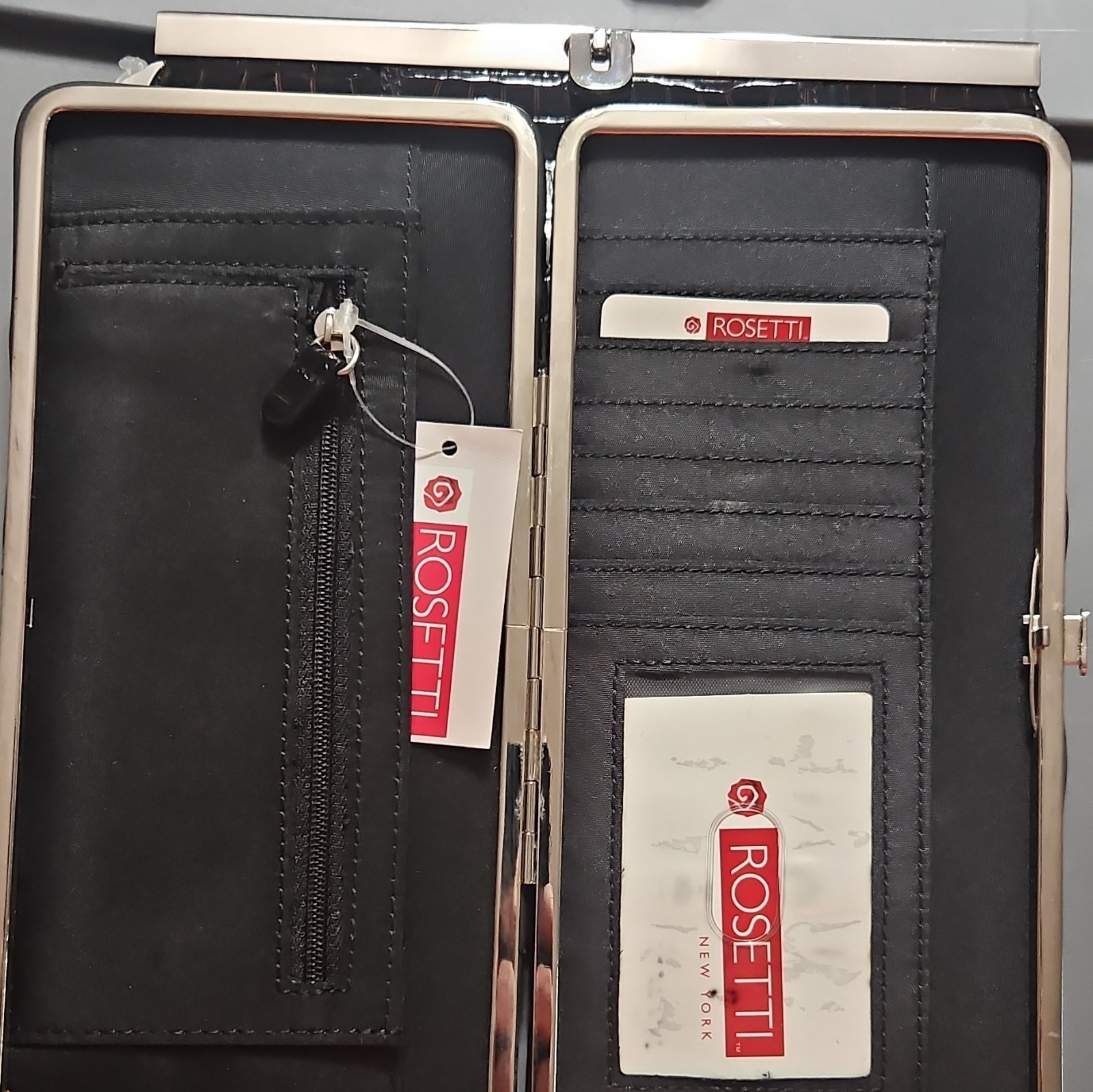 Rosetti Black Crocodile Embossed Clutch Wallet, Card Slots, Zip Coin Pocket