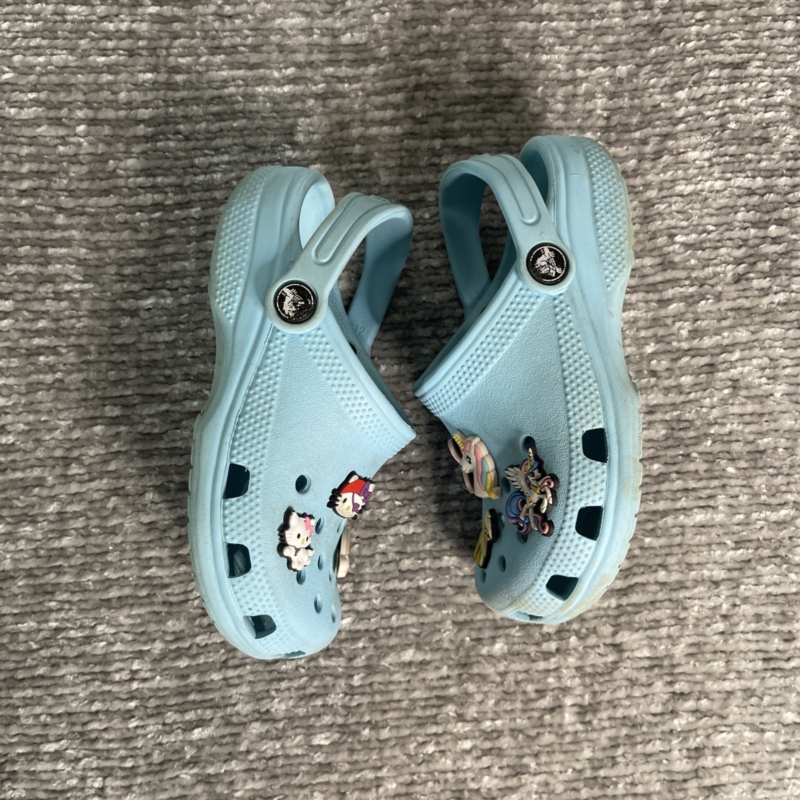 CROCS Sz 12 Blue Classic Clogs w/ Removable Jibbitz My Little Pony Hello Kitty