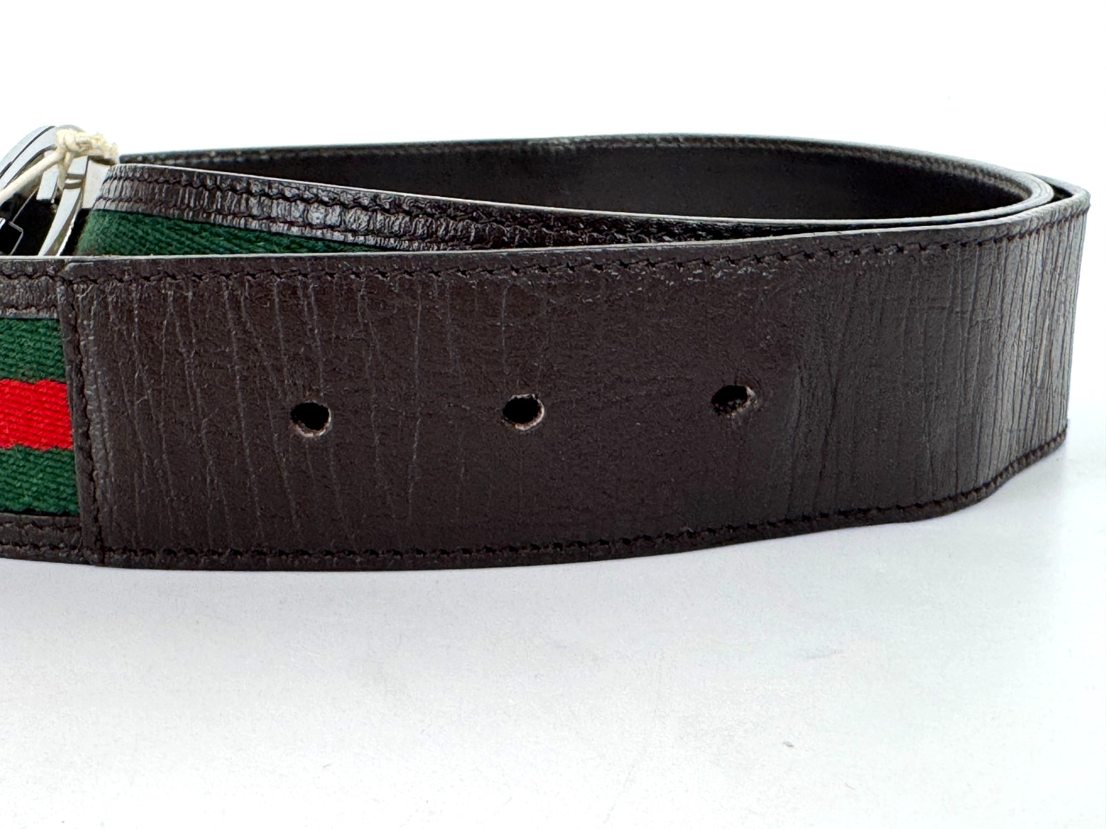 Gucci Auth Web Belt 80 cm 32 in Silver GG Red Green Fabric Brown Leather Runway