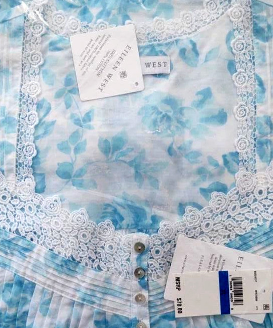 *SALE* Nwt $70 Eileen West White/Aqua 100% COTTON LAWN 36″ Nightgown Chemise XL