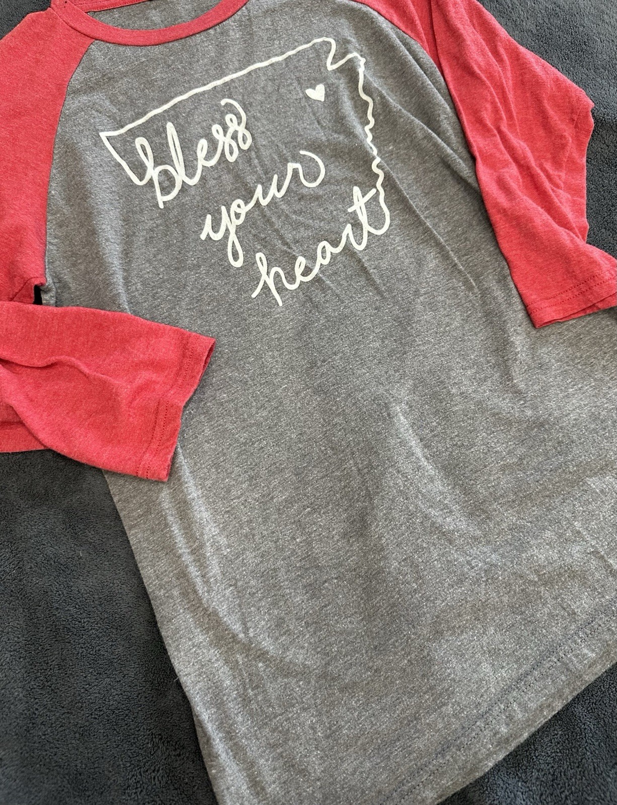 Tagless Unisex Gray/Red Bless Your Heart Graphic Crew Neck 3/4 Raglan Tee XS