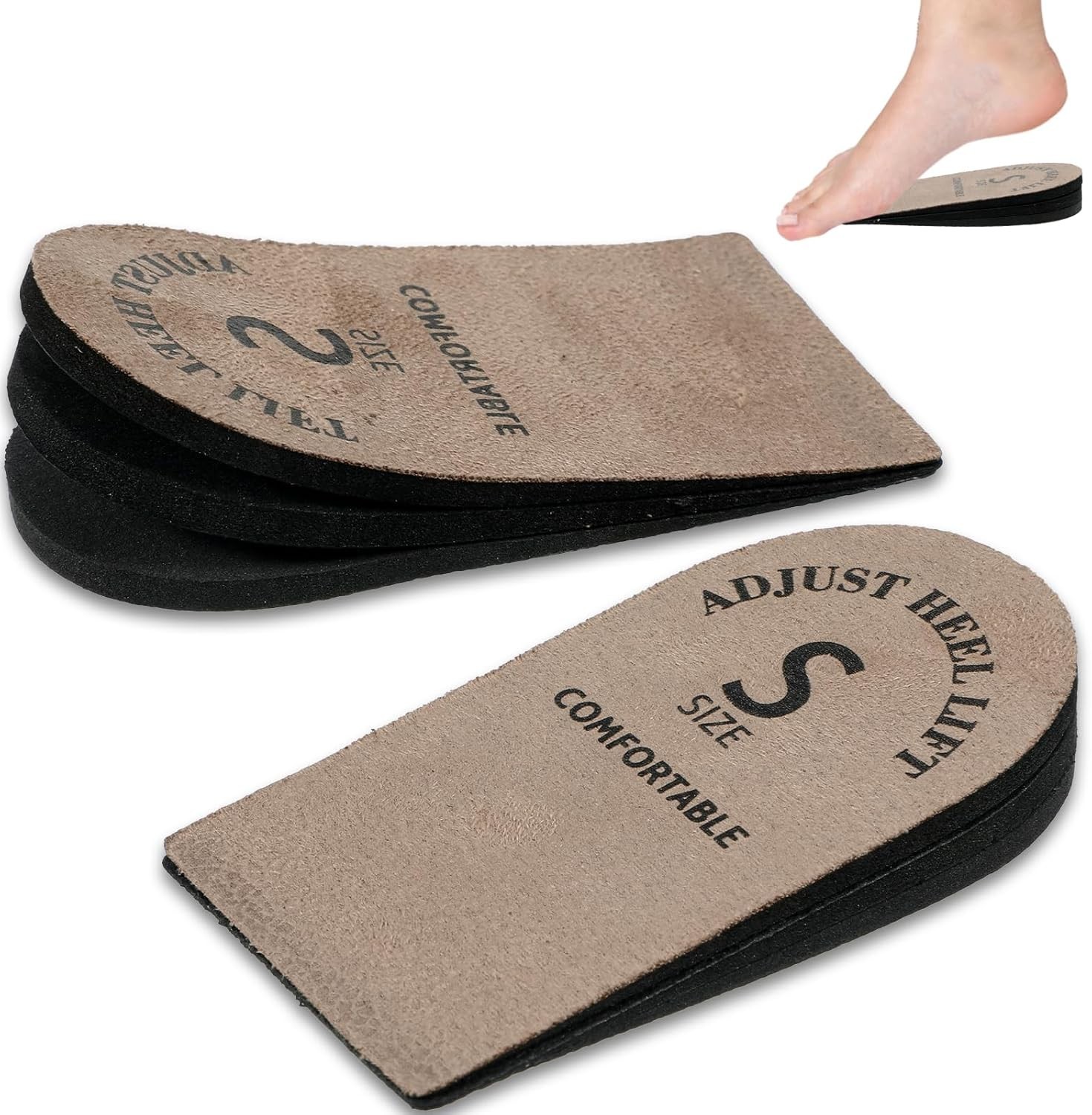2 Pack Adjustable Heel Lifts, Brown Shoe Inserts (Small), Cushioned Comfort Pads