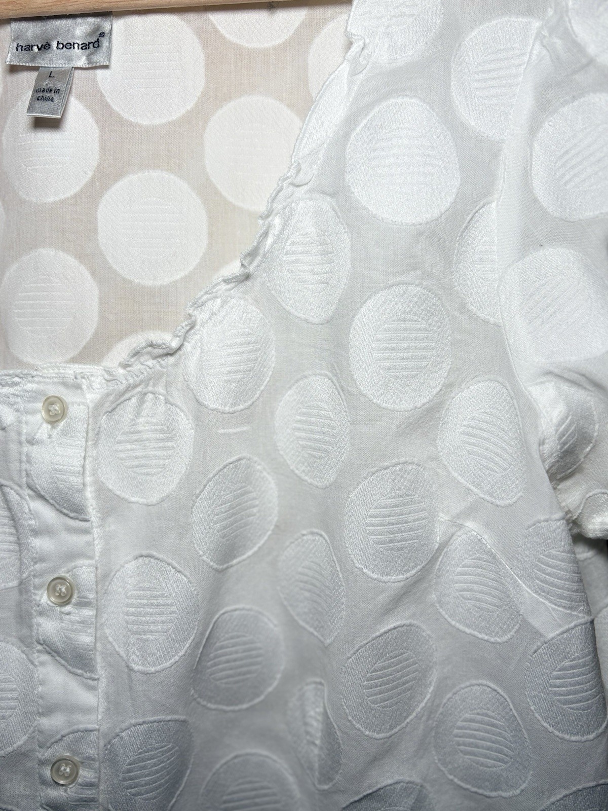 Harvé Benard White Swiss Dot Blouse Romantic Feminine Button Front Boho Chic Top