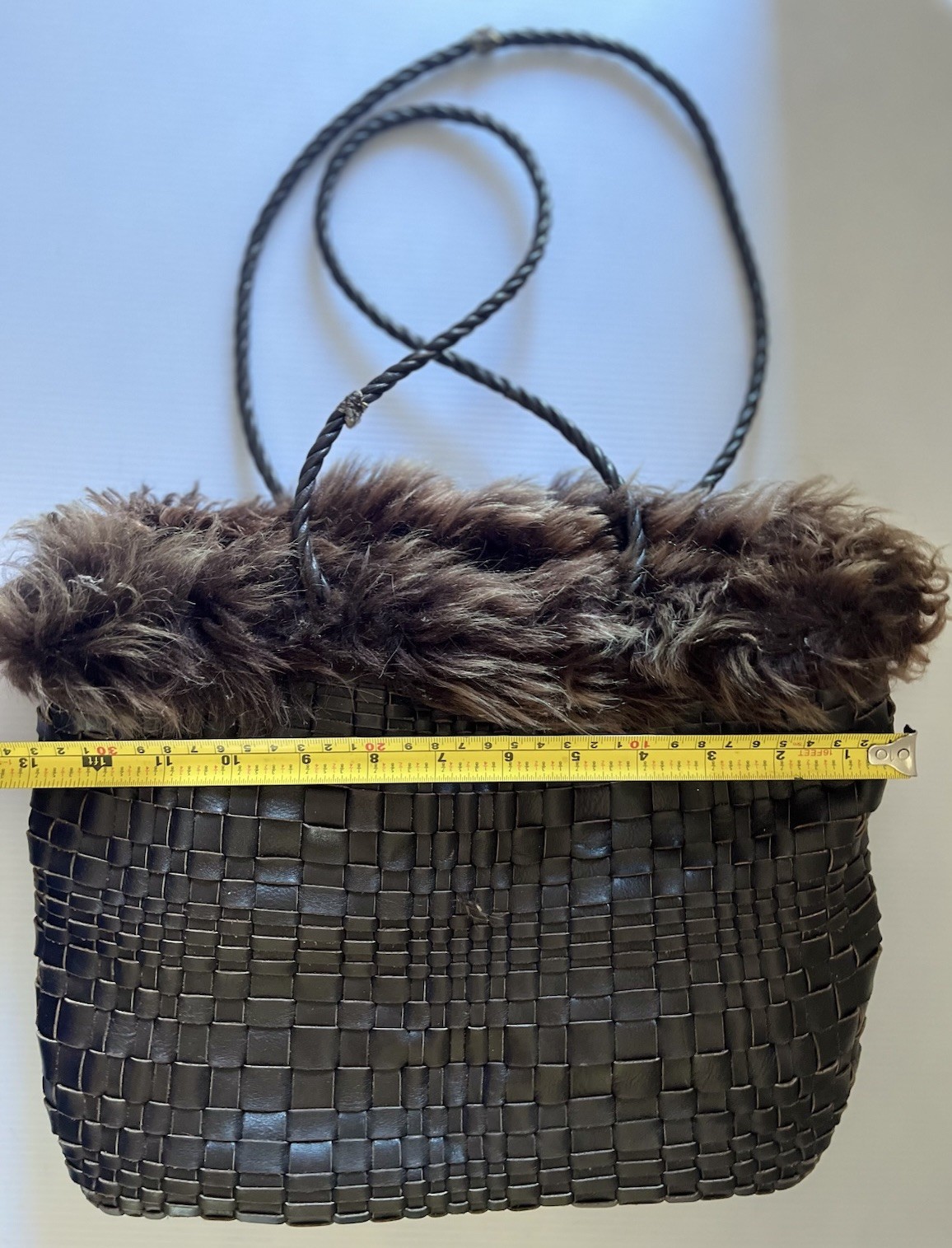 Falor Le Borse Leather Brown Woven Purse w/ Faux Fur Made in Italy SALE!