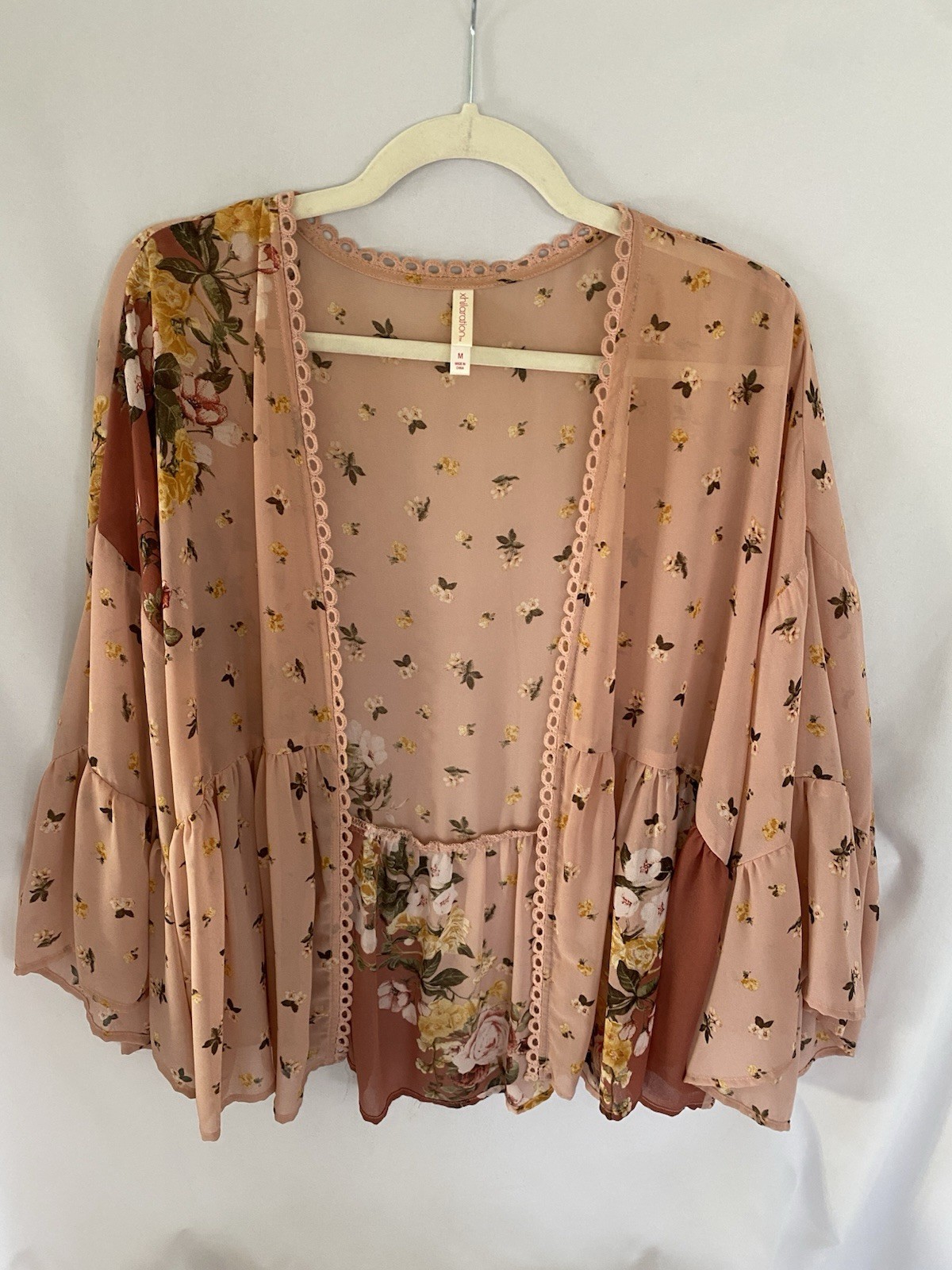 Pink Floral Sheer Open Front Kimono 3/4 Bell Sleeve Lace M