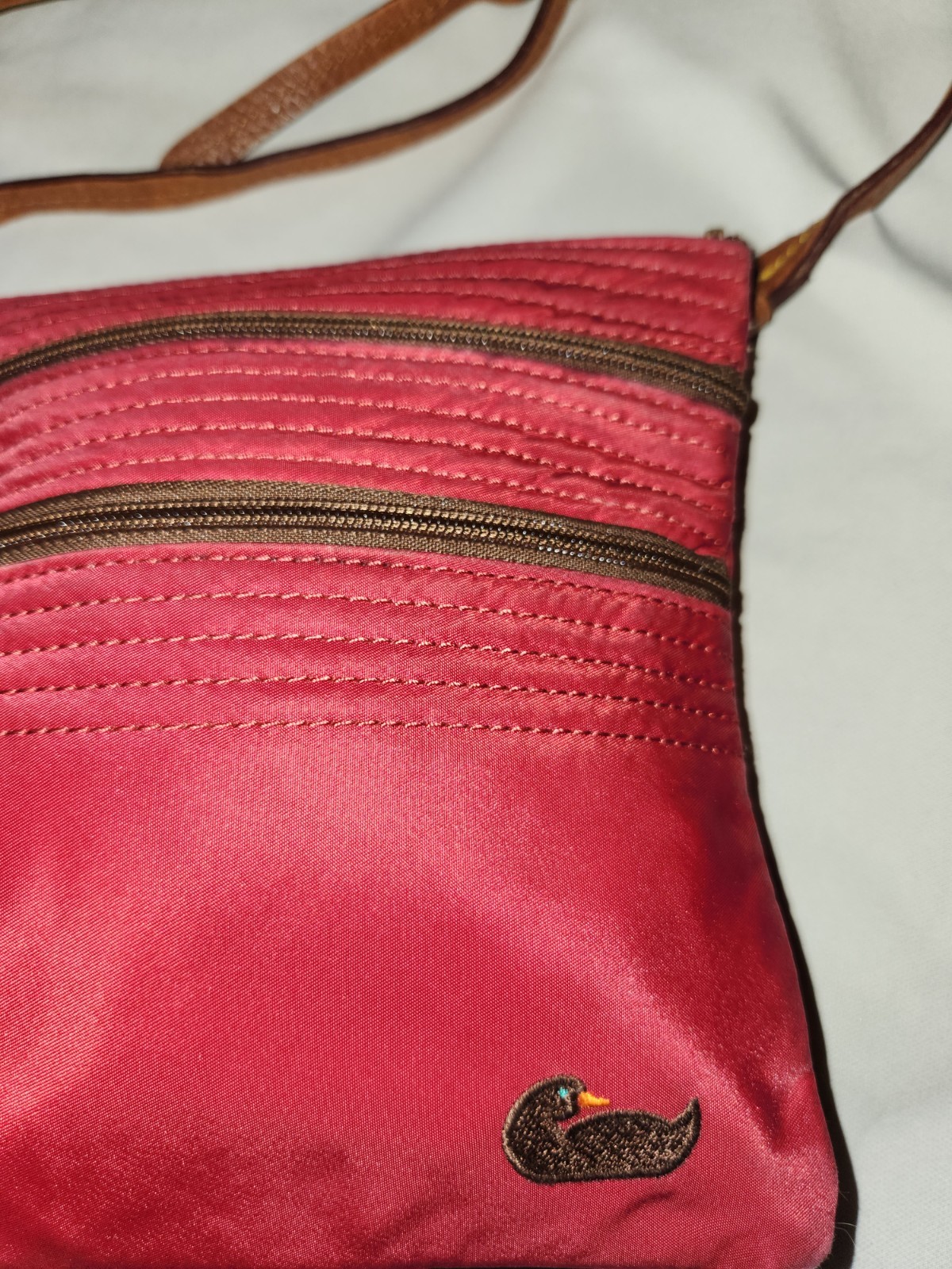 Dooney & Bourke Red Solid Crossbody Zip Bag Brown Strap Gold Hardware