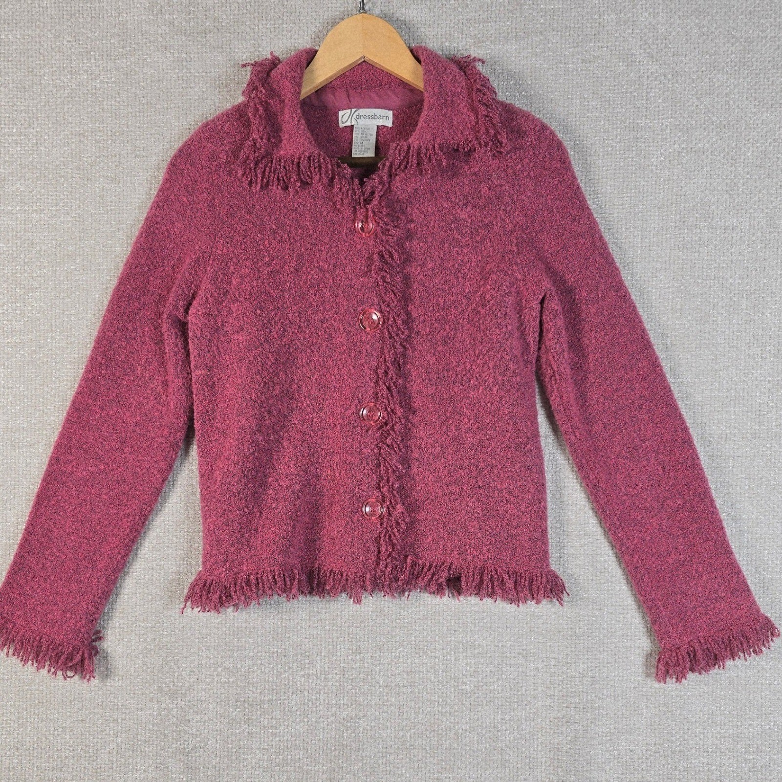 VTG Dressbarn Pink Knit Button Front Cardigan Shag Fringe Trim Sweater Size M