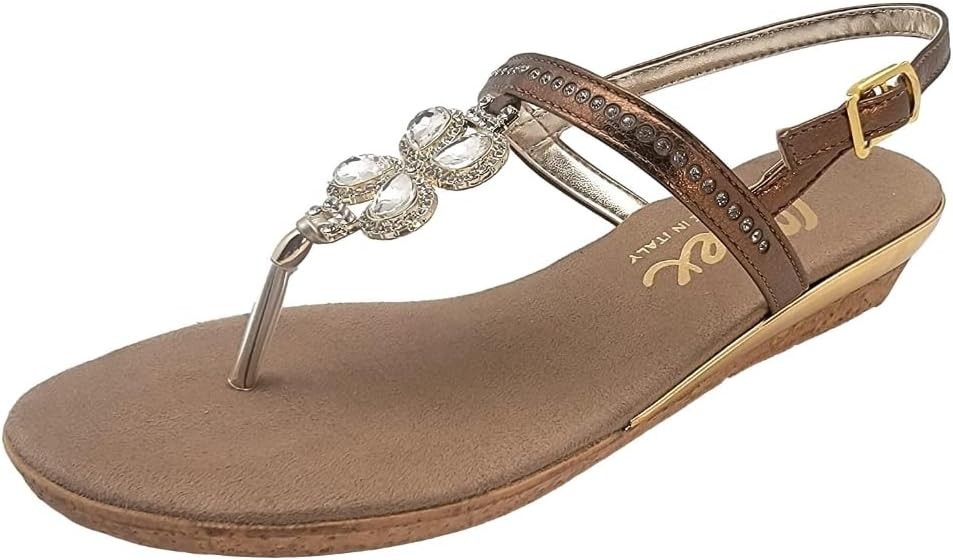 Women’s Onex Leather Wedge Slide Sandals Bronze Swarovski Crystal Italy