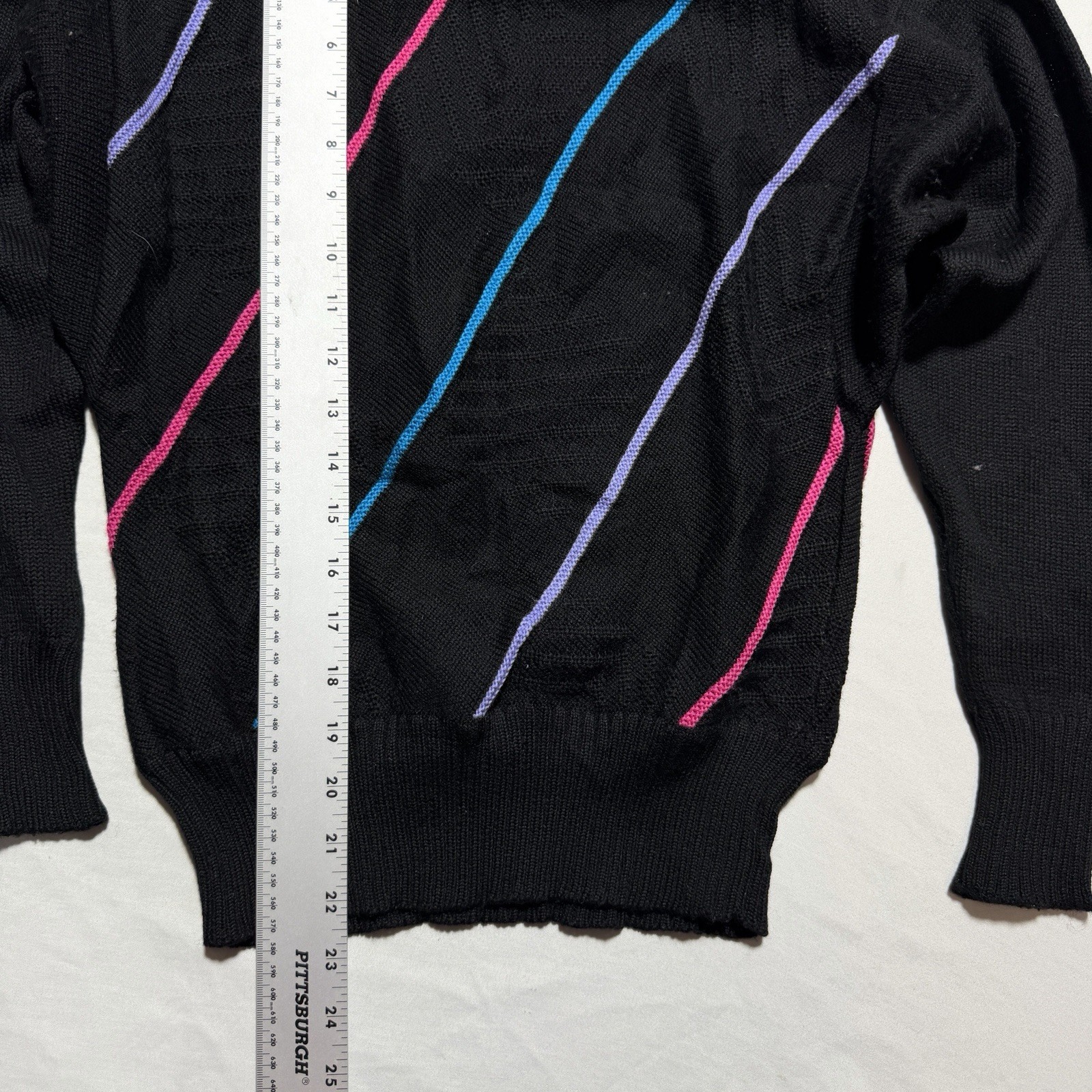 Vintage 80s Diagonal Stripe 100% Wool Crewneck Sweater Black Neon Pink Blue S