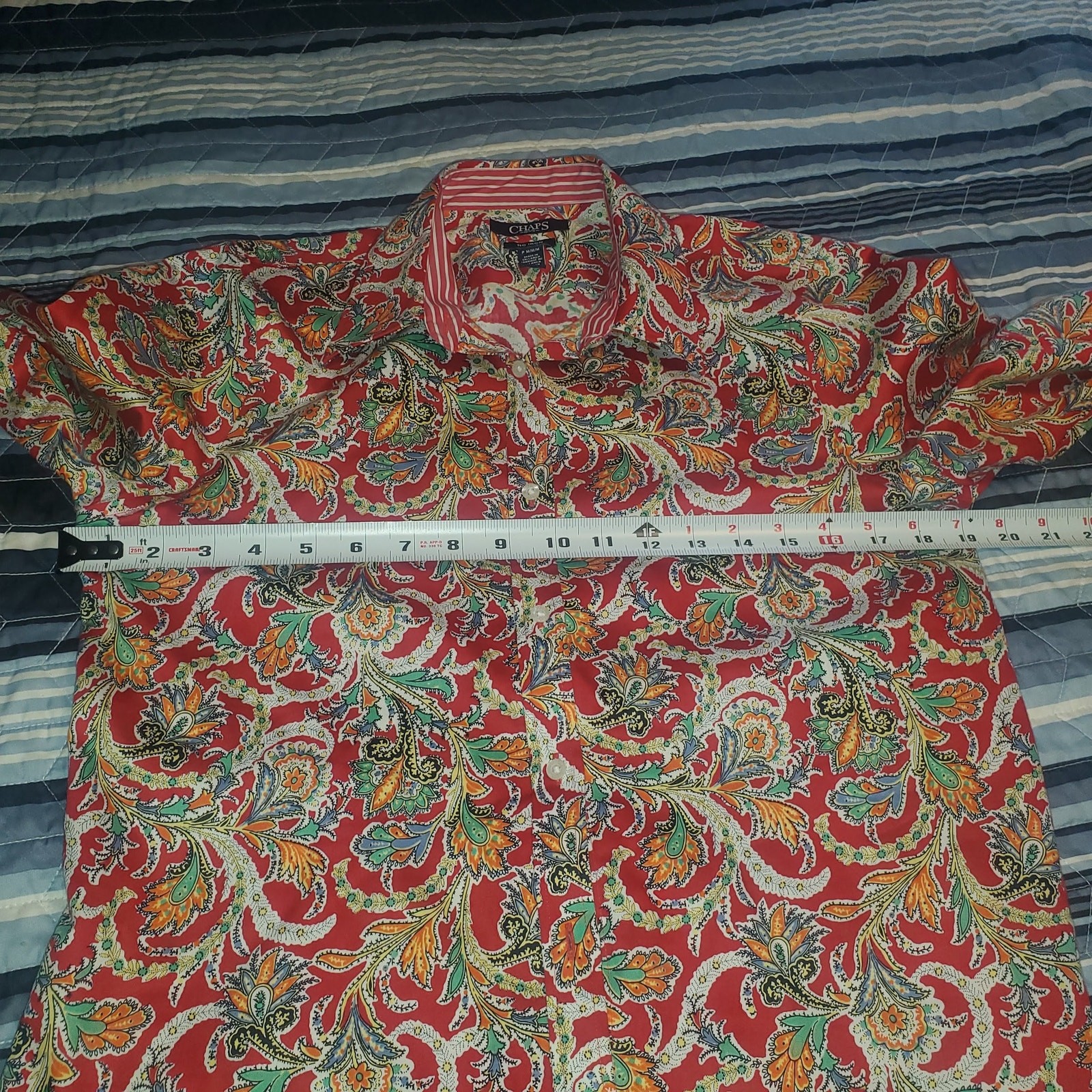 Chaps Petite M No Iron 100% Cotton Red Paisley Button Shirt Flip Stripe Cuff