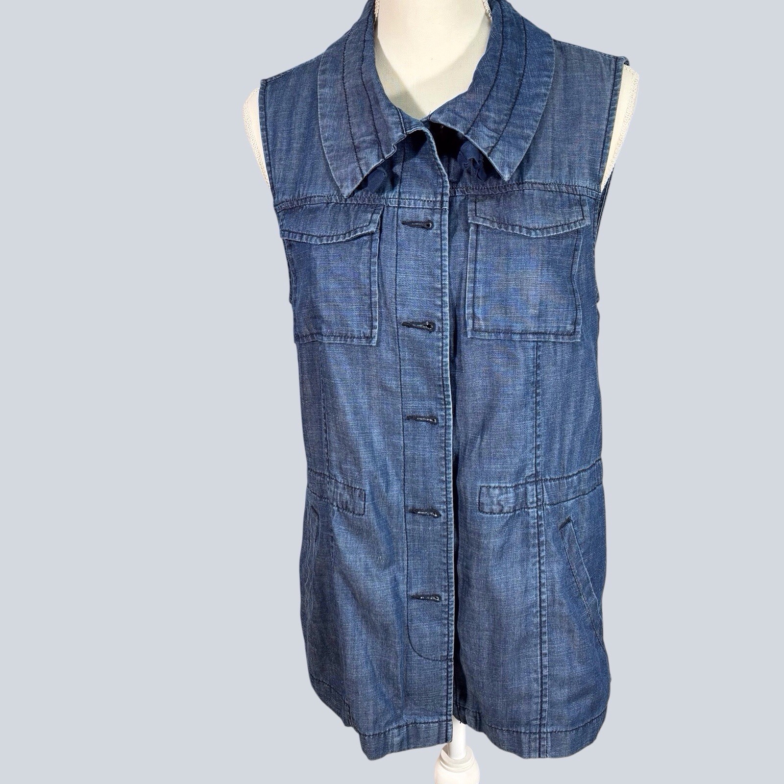 Talbots Blue Chambray Button Up Tunic Vest XL Pockets Cotton Linen Blend