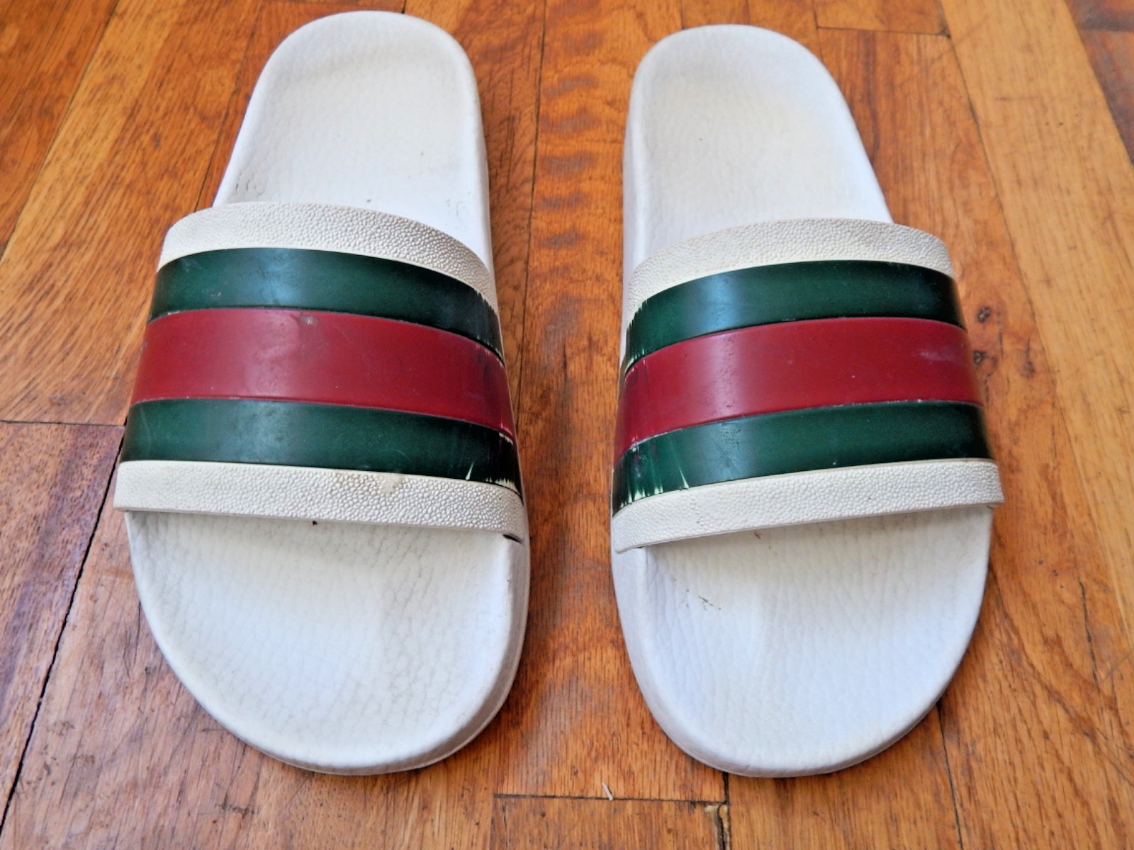 Gucci Men’s Pursuit 72 Web Stripe Slide Sandals White Made in Italy Mens 7.5