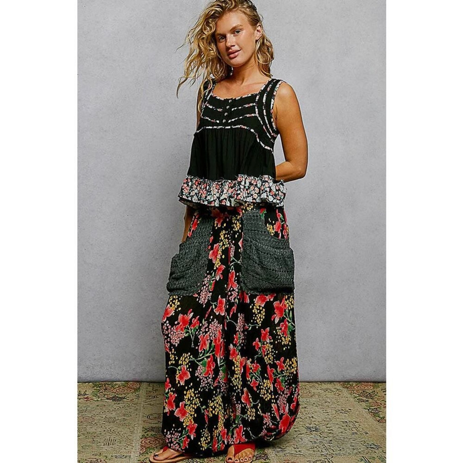 POL Square Neck Jersey Floral Trim Boho Tank Top – Pale Sky