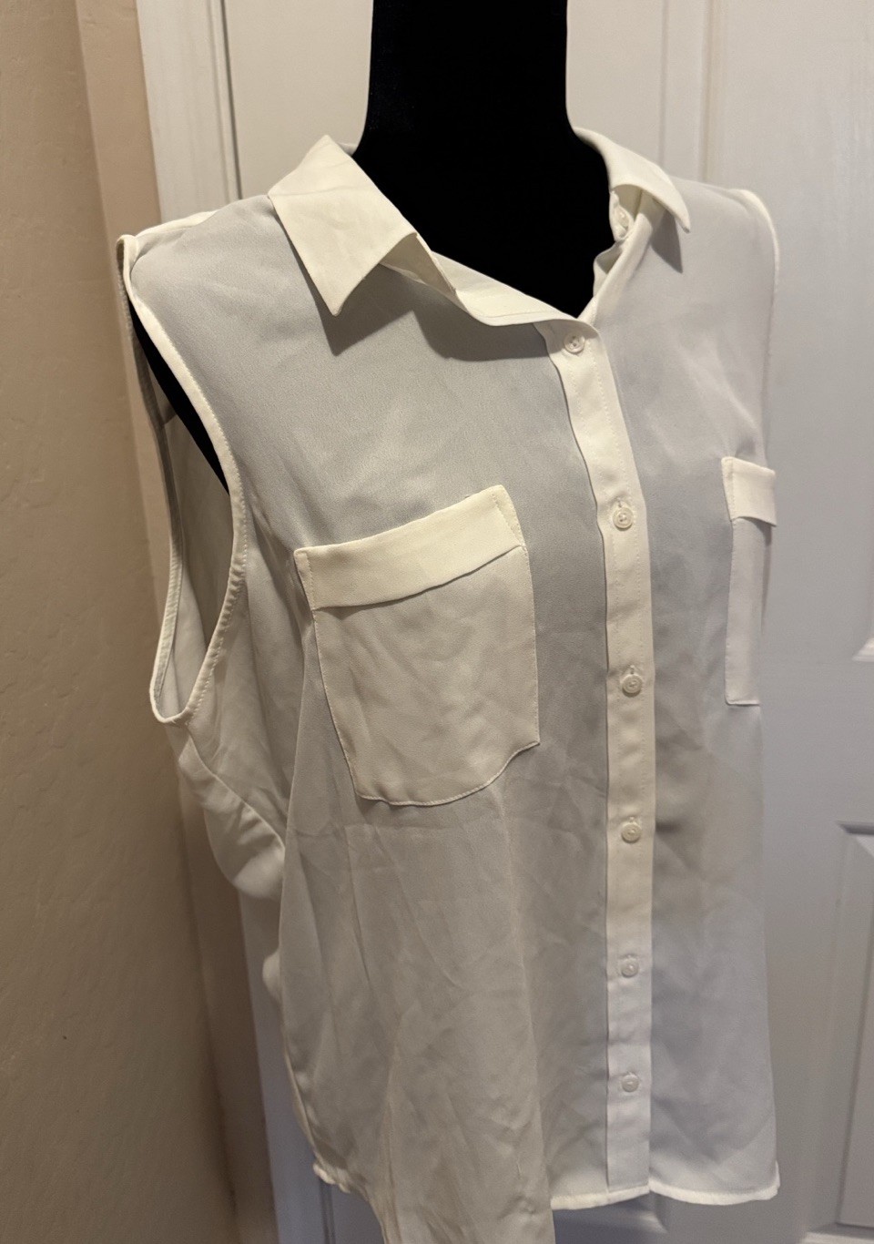 Semi Sheer Sleeveless Button Ivory Blouse 22” P2P 27” P2P Fabric Pull Ladies XL