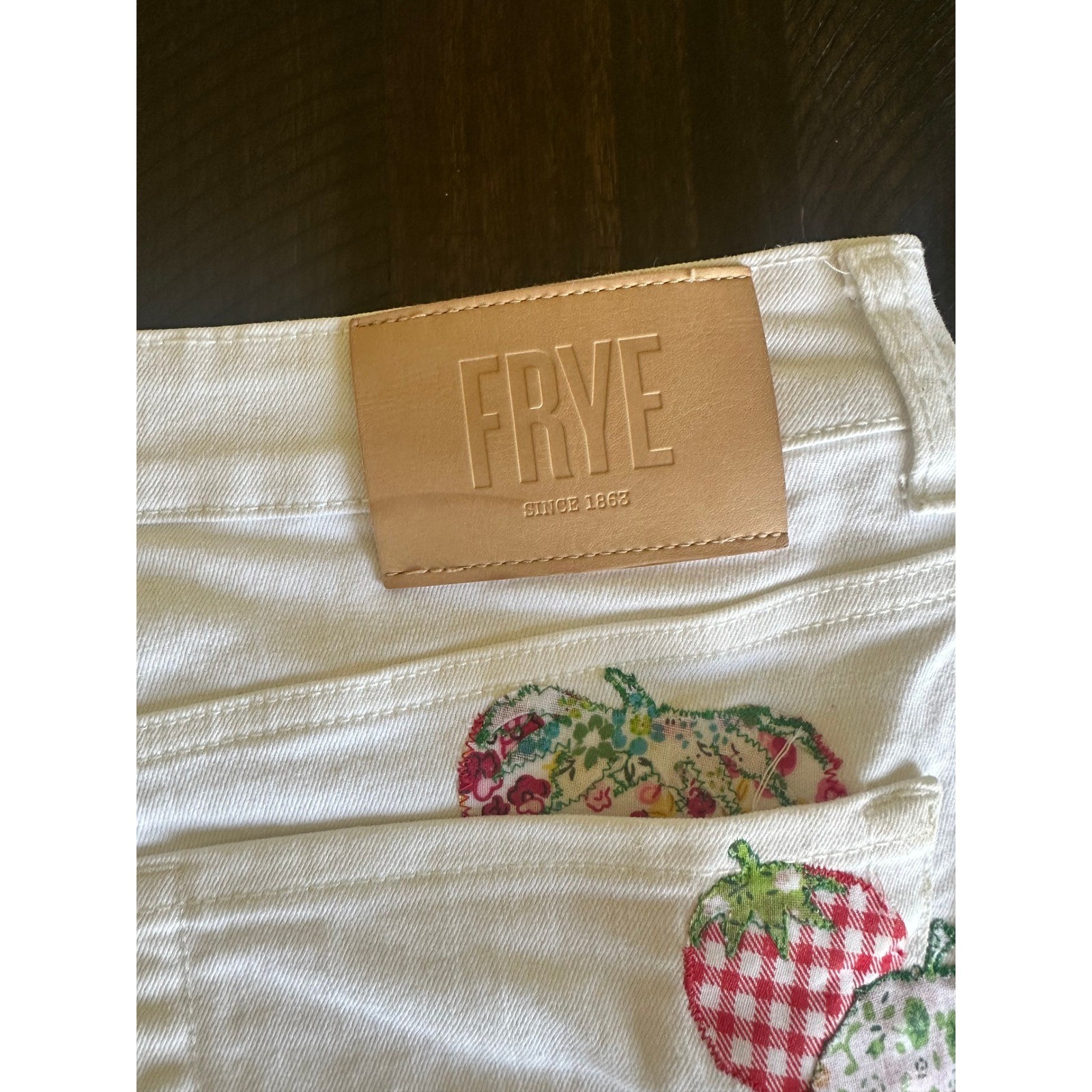 Frye Upcycled Artisan Strawberry Patchwork White Denim Jeans Cottagecore